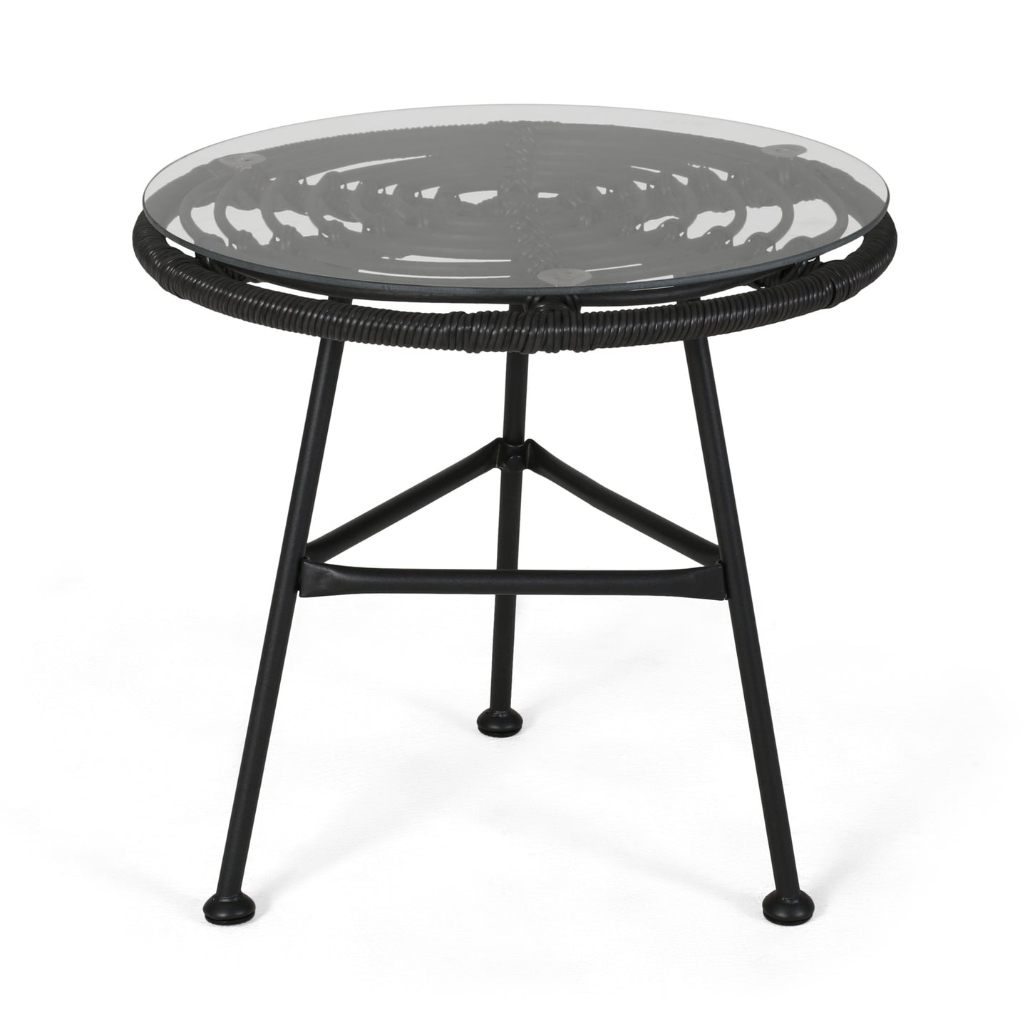 Black rattan and glass accent table round top with matte metal base