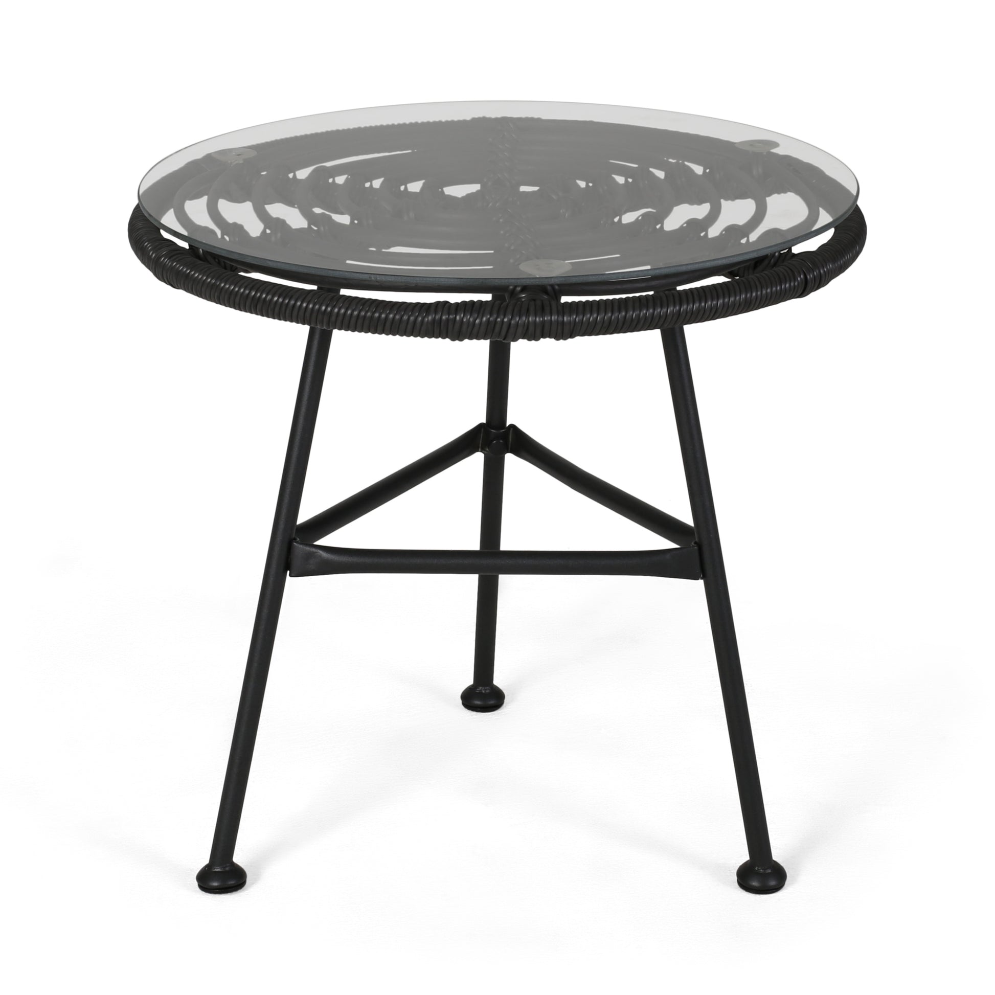 Black rattan and glass accent table round top with matte metal base