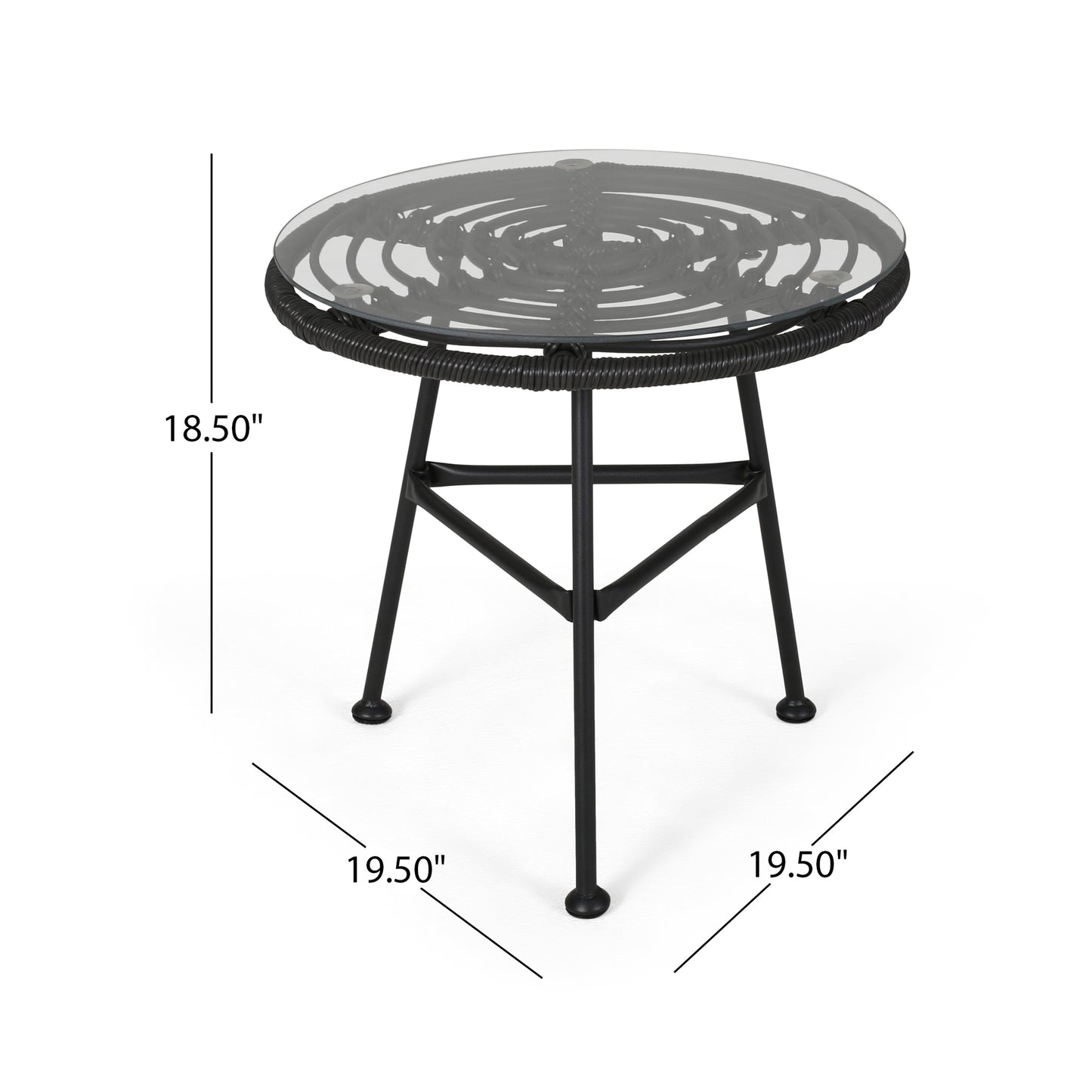 Black wicker accent table with glass top and metal legs perfect for small spaces