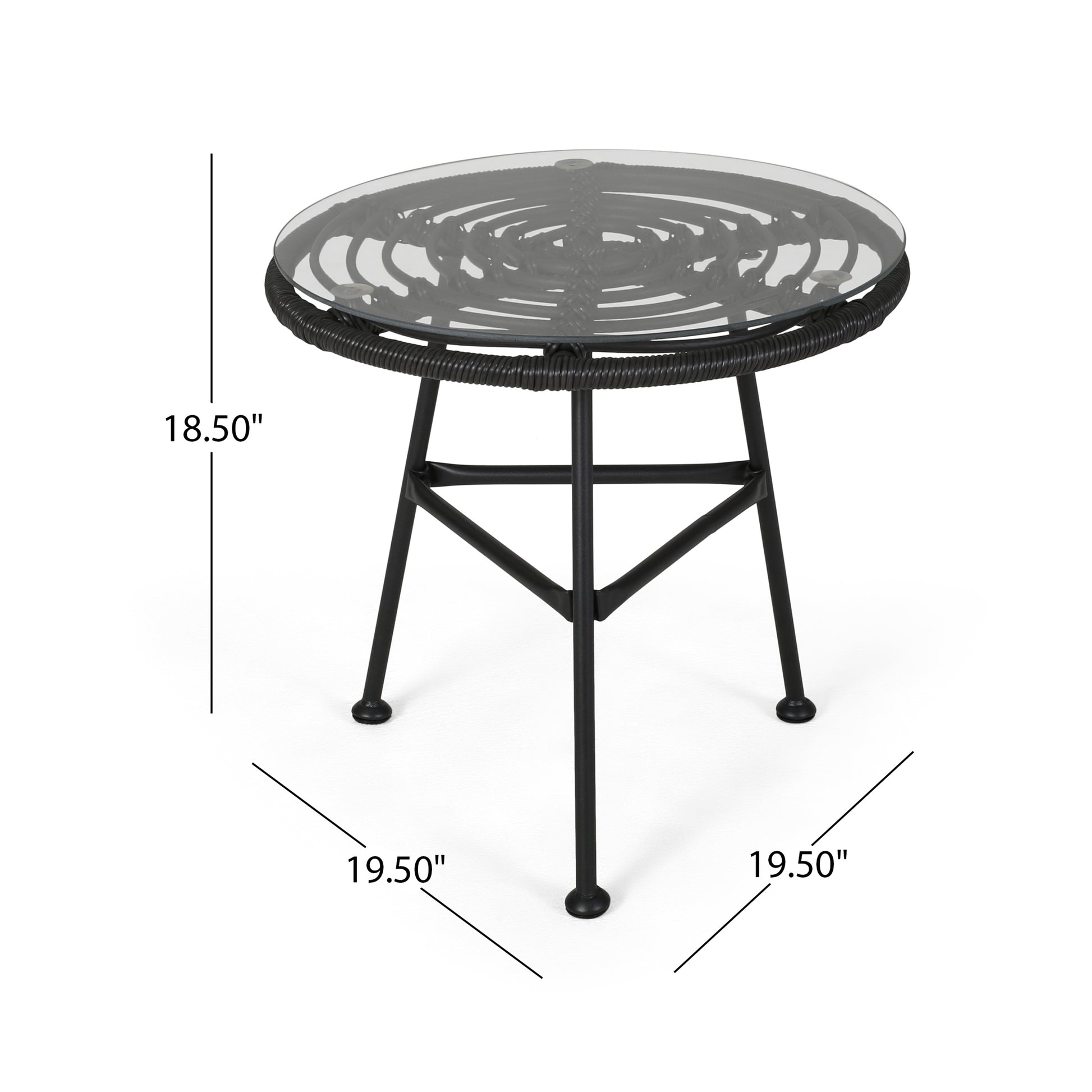 Black wicker accent table with glass top and metal legs perfect for small spaces