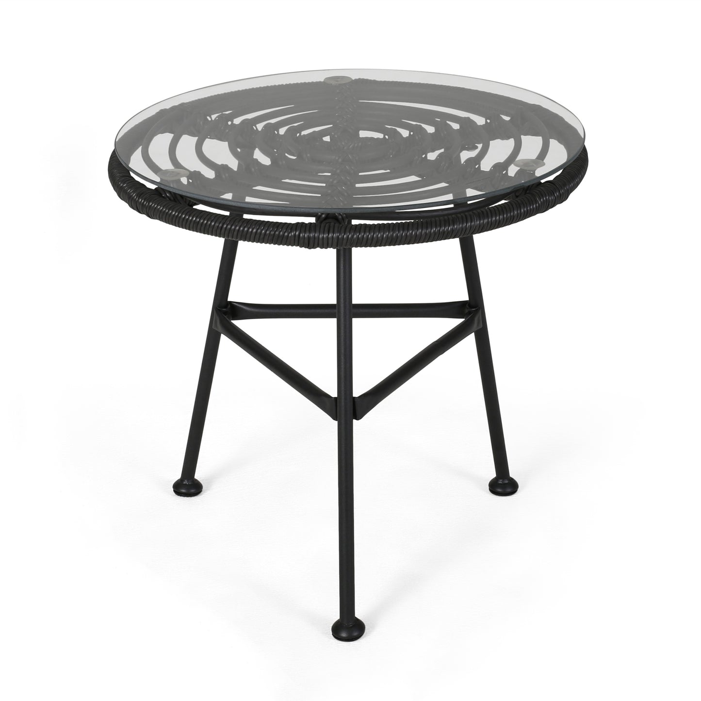 Black wicker side table with glass top perfect for outdoor patio seating