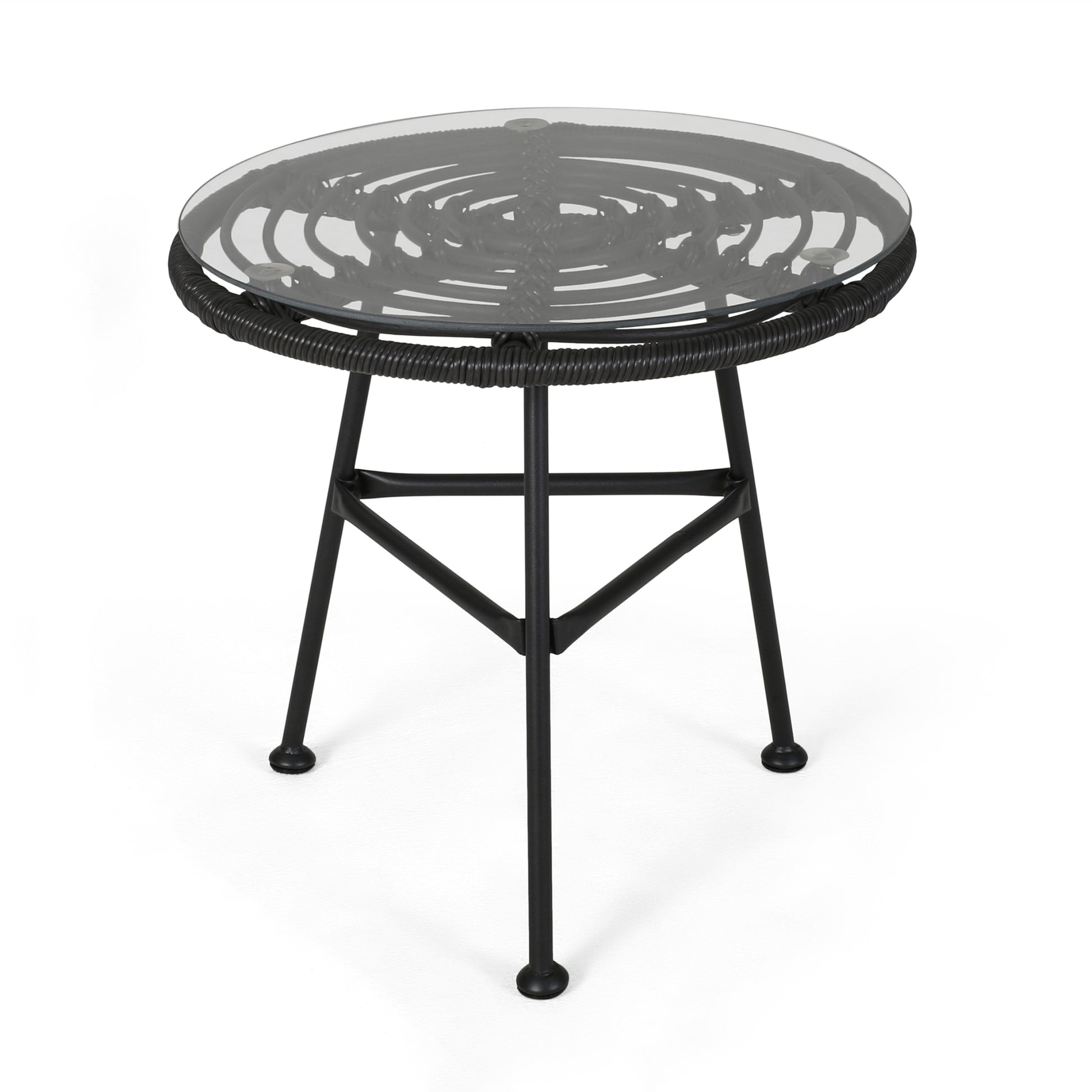 Black wicker side table with glass top perfect for outdoor patio seating