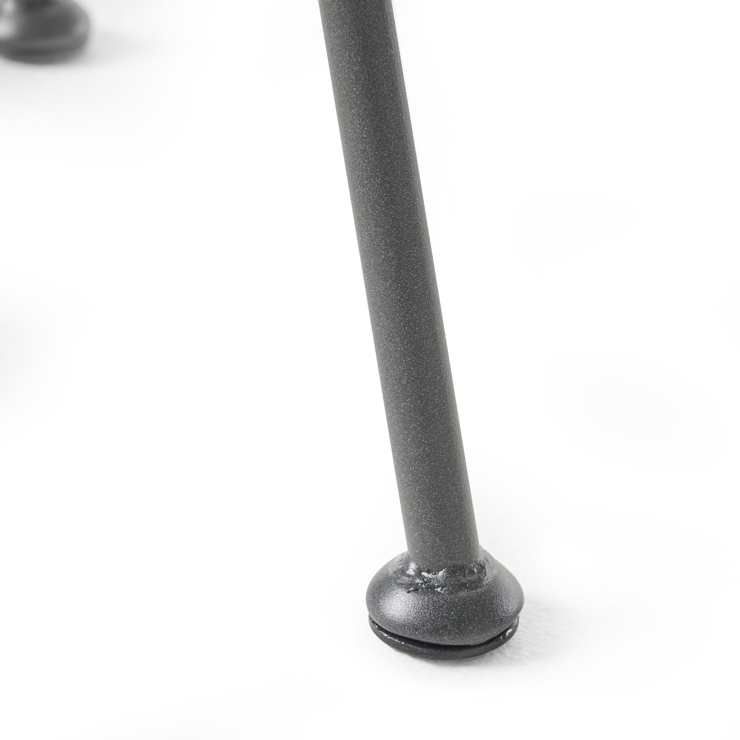 Textured dark gray metal chair leg with black rubber foot