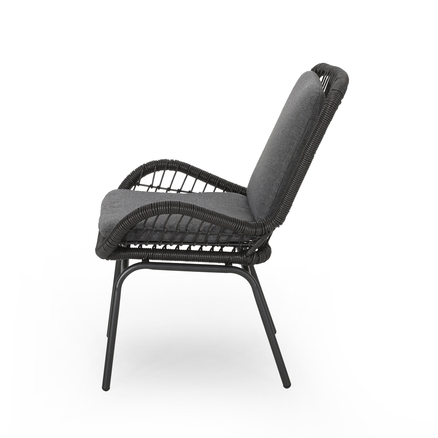 Dark grey rattan outdoor chair with plush cushion and metal legs