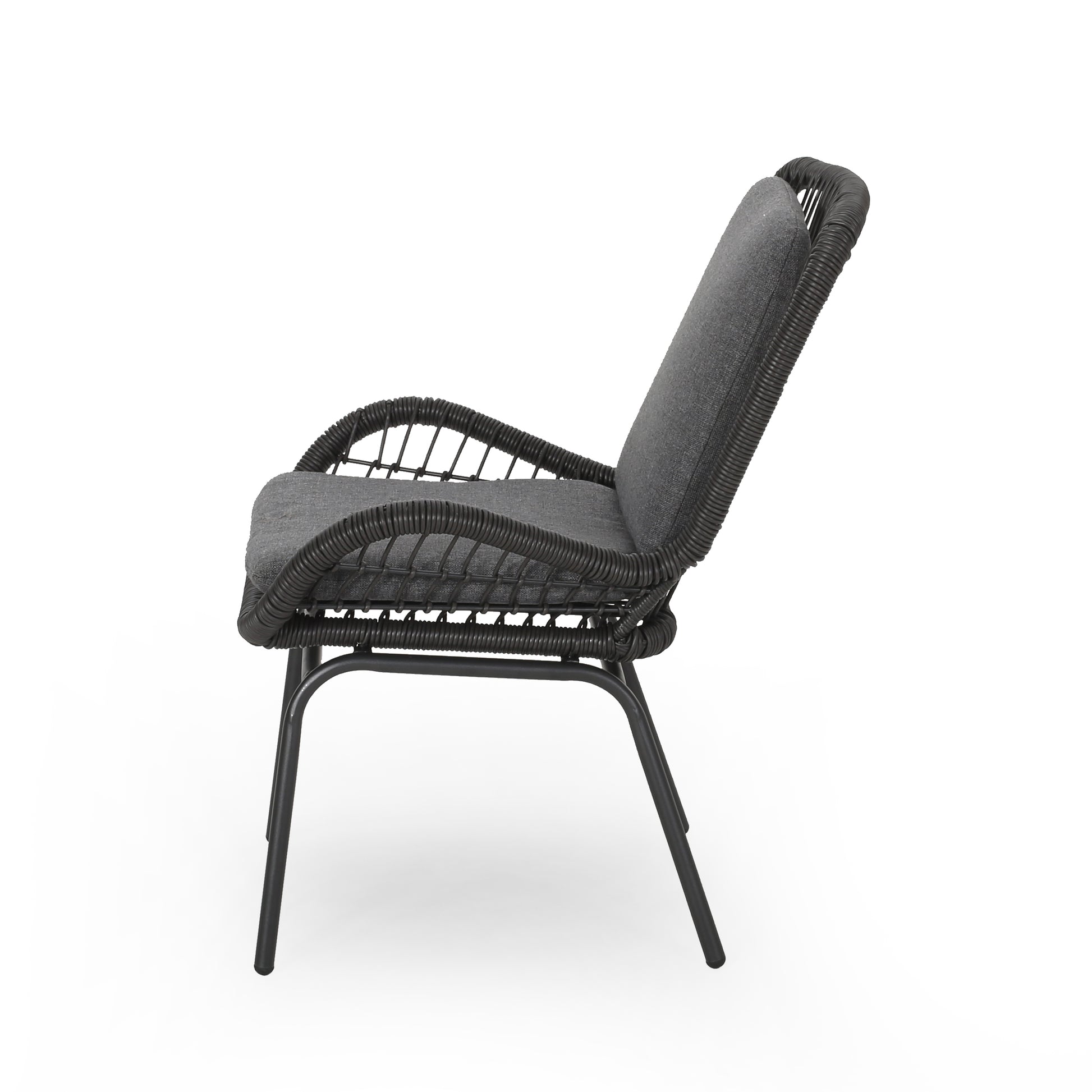 Dark grey rattan outdoor chair with plush cushion and metal legs