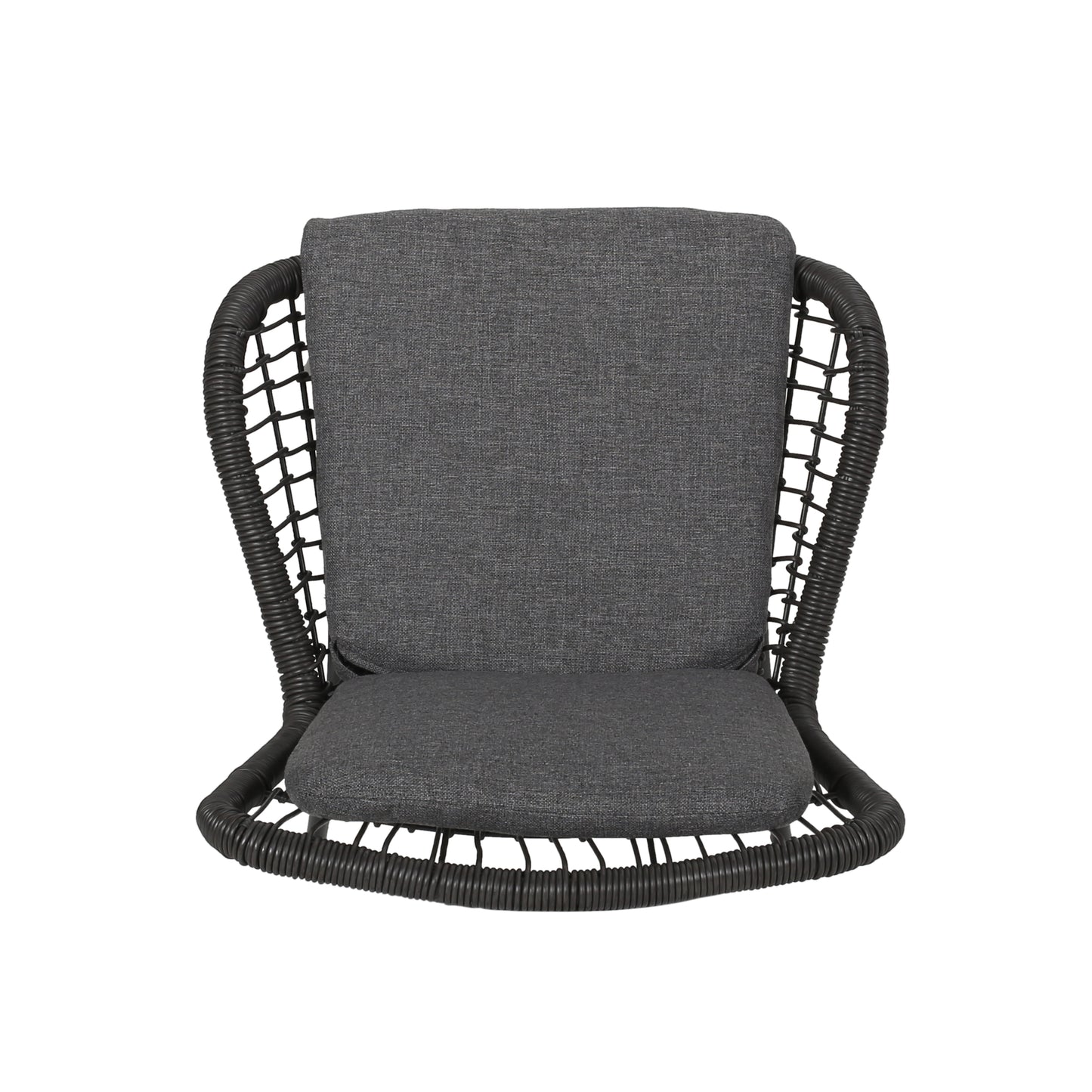 Woven rattan armchair with dark grey upholstered cushions perfect for modern patios