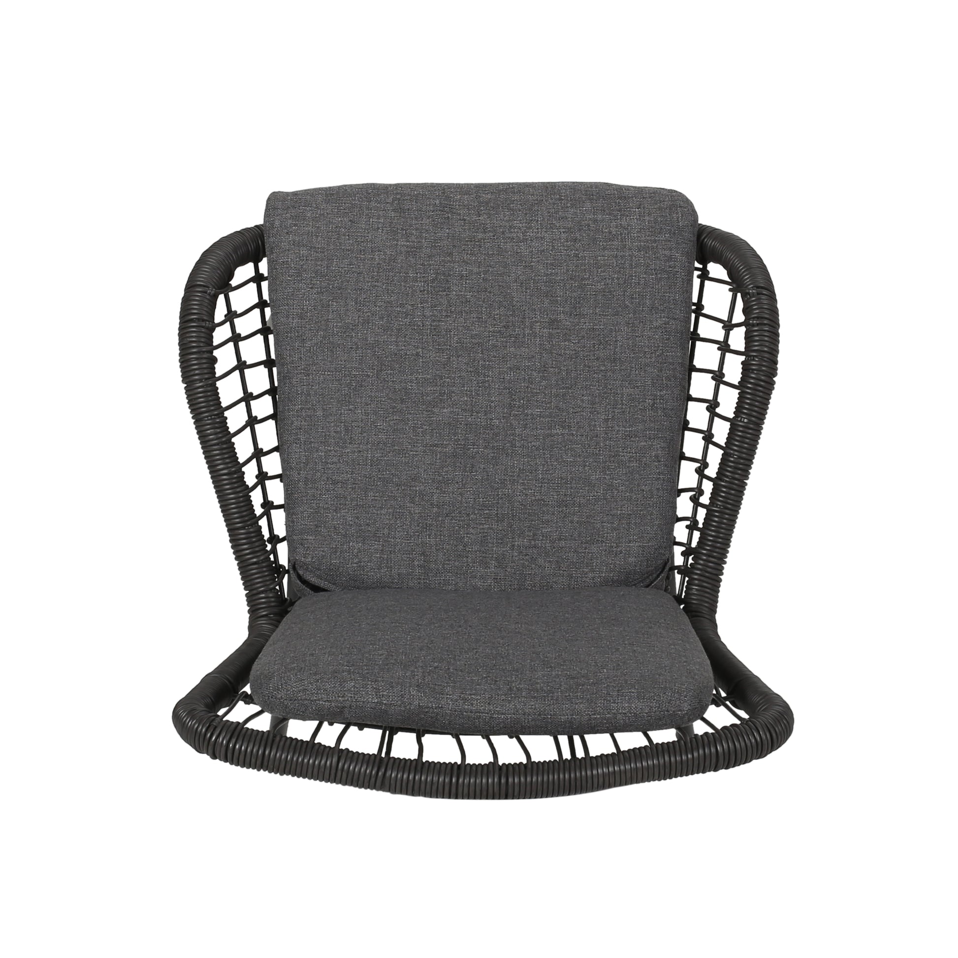 Woven rattan armchair with dark grey upholstered cushions perfect for modern patios