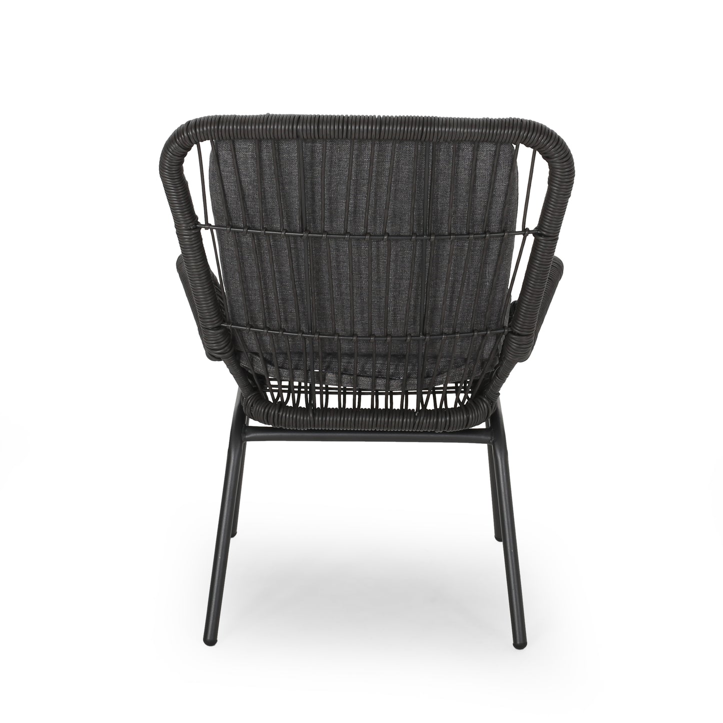 Black wicker outdoor chair with charcoal gray cushioned seat and backrest modern design