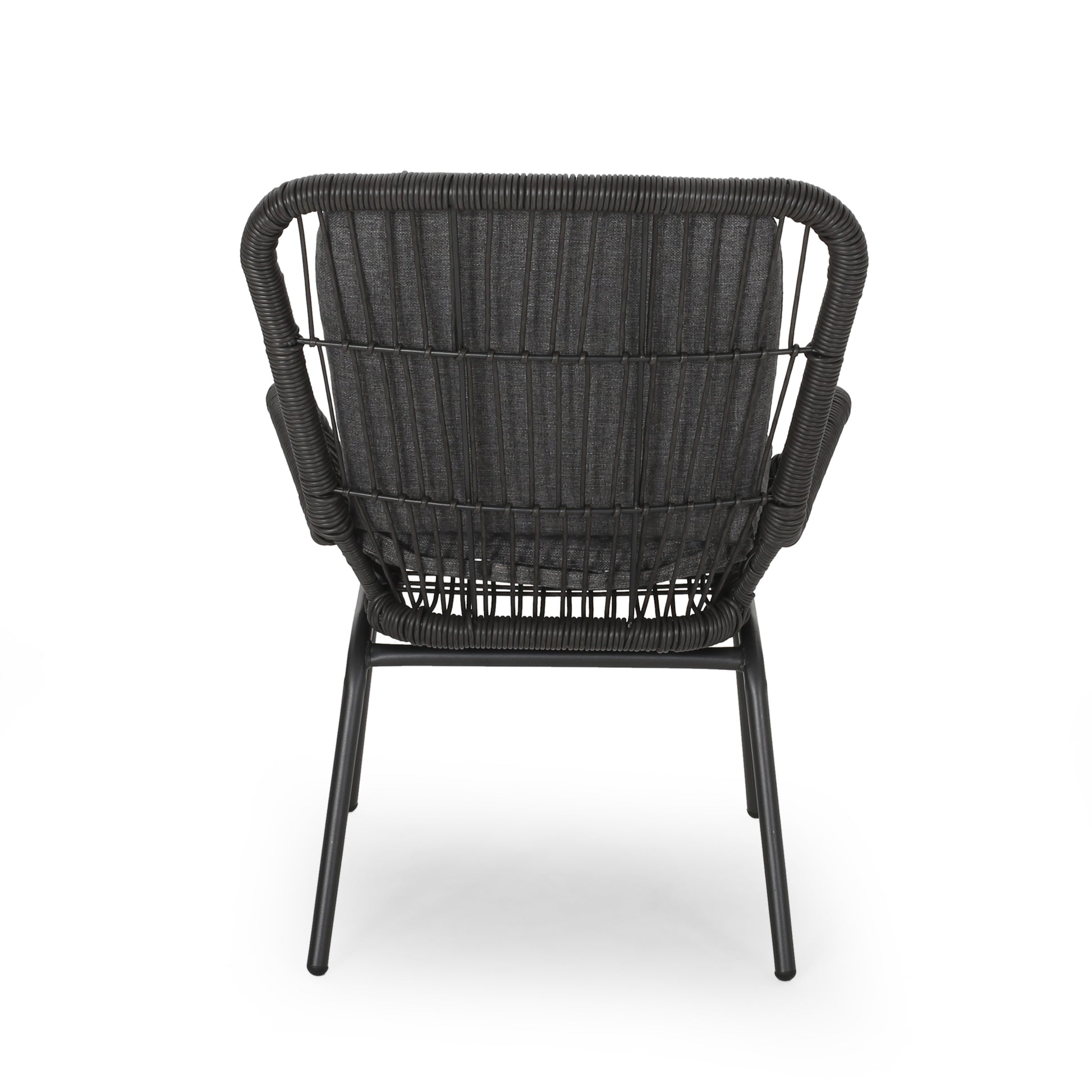 Black wicker outdoor chair with charcoal gray cushioned seat and backrest modern design