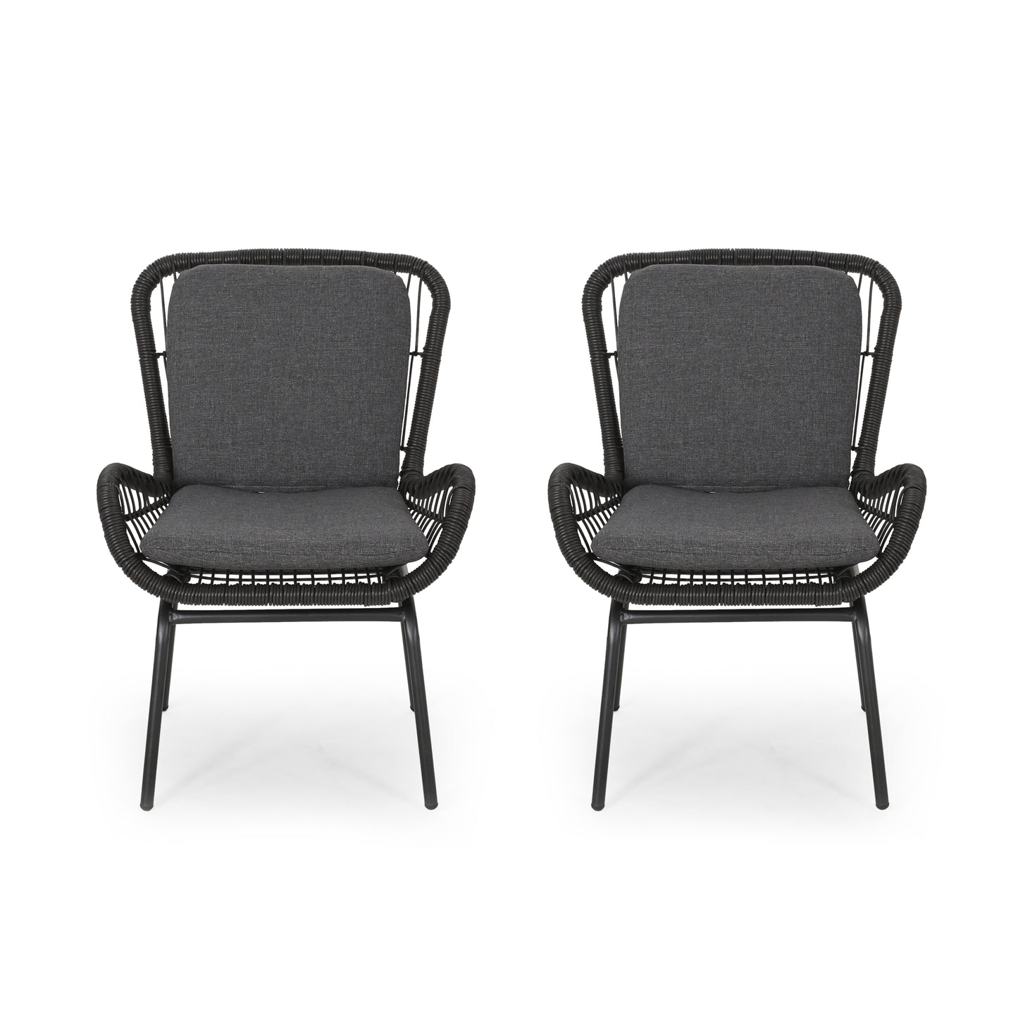 Two dark grey upholstered outdoor chairs with black wicker accents