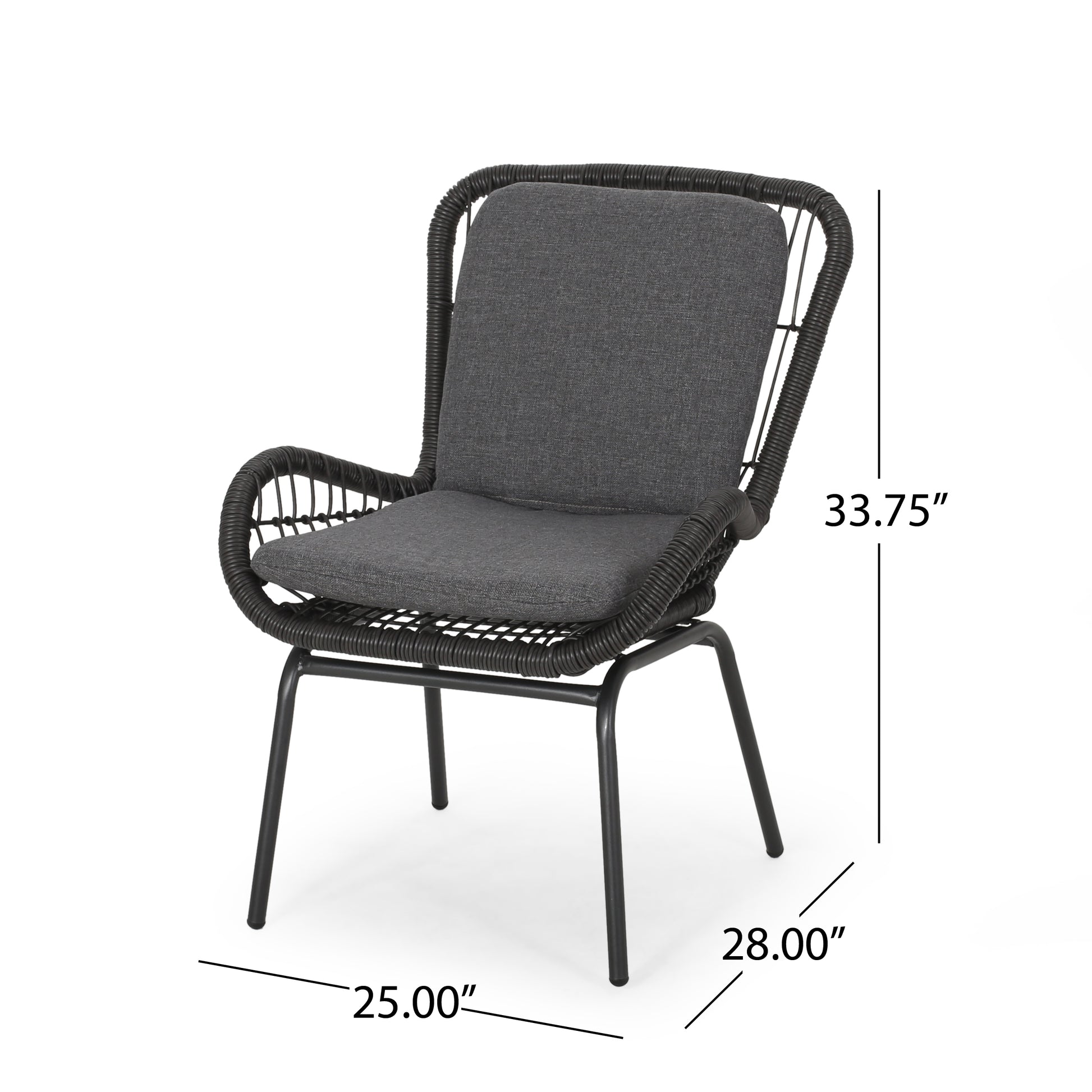 Dark gray upholstered modern rattan accent chair with black metal legs
