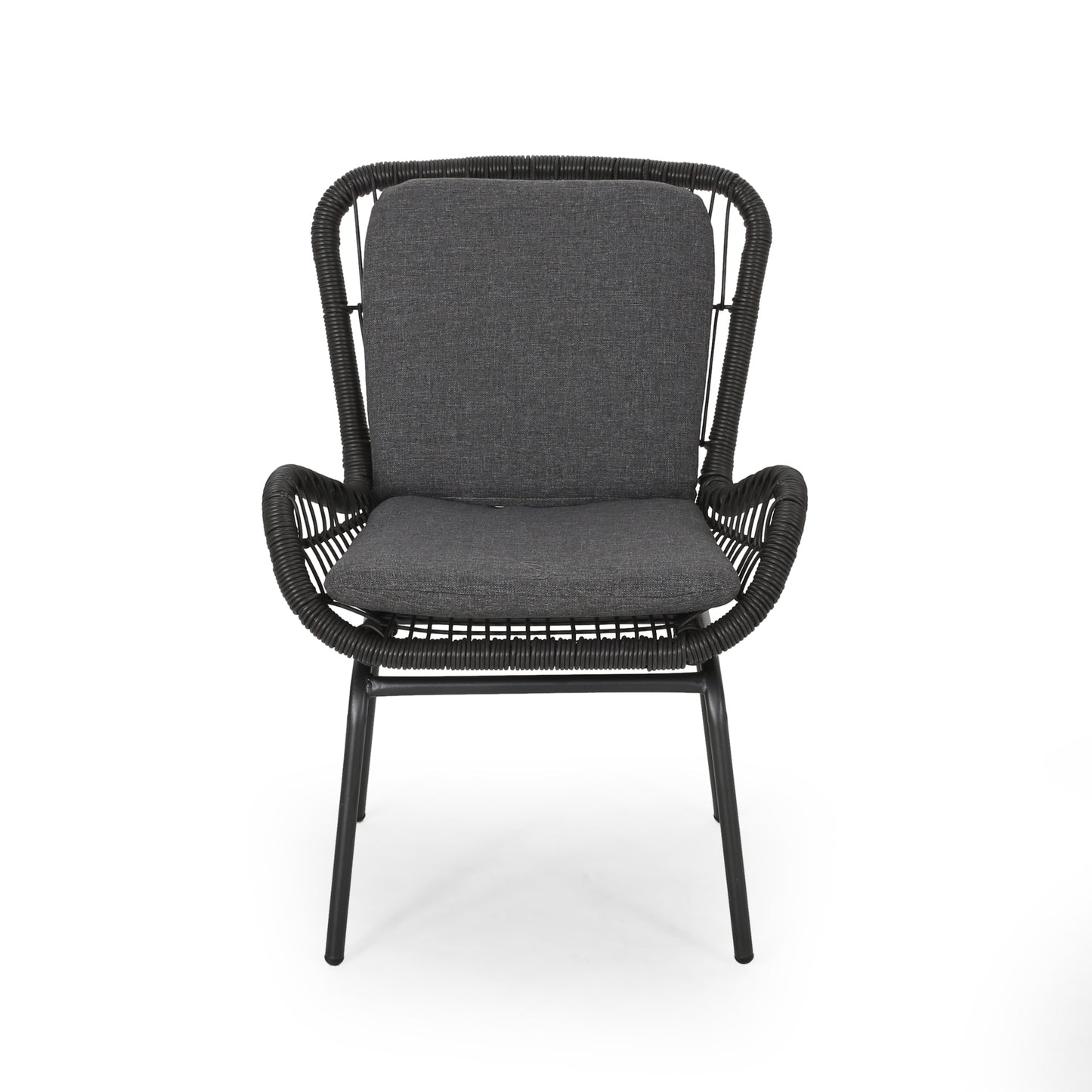 Dark grey cushioned wicker armchair with black metal legs modern outdoor furniture