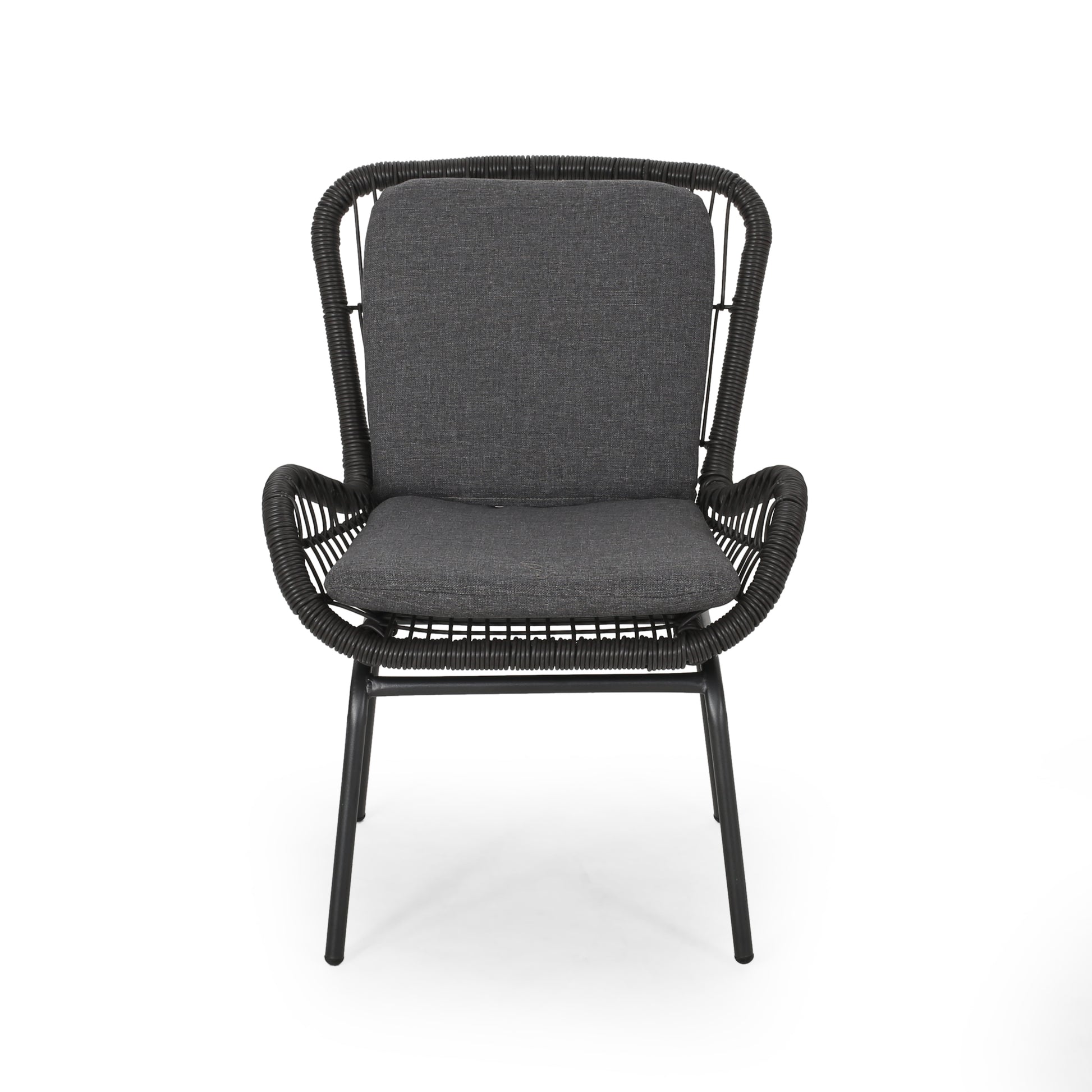Dark grey cushioned wicker armchair with black metal legs modern outdoor furniture