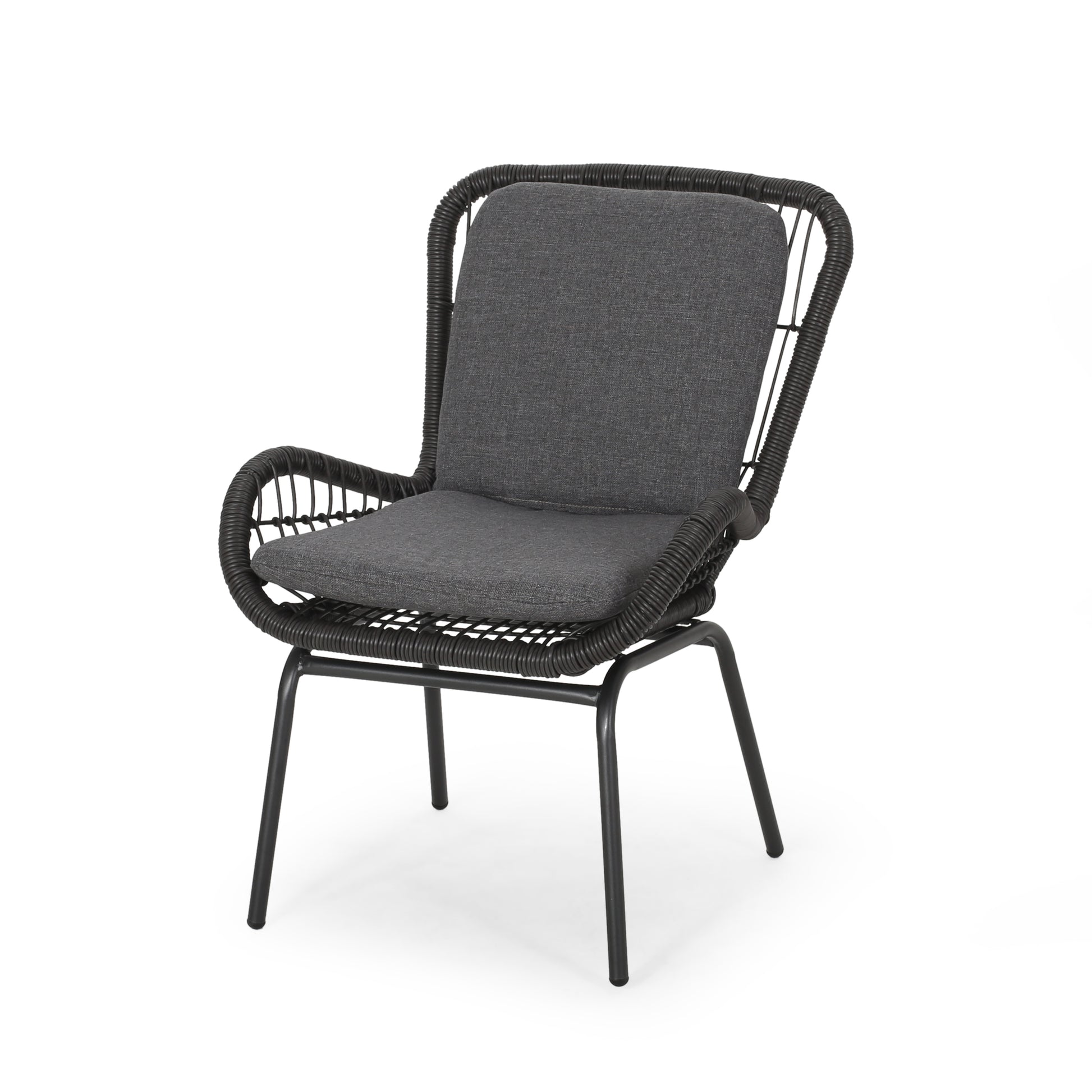 Black woven patio chair with charcoal gray cushions and a sleek metal frame