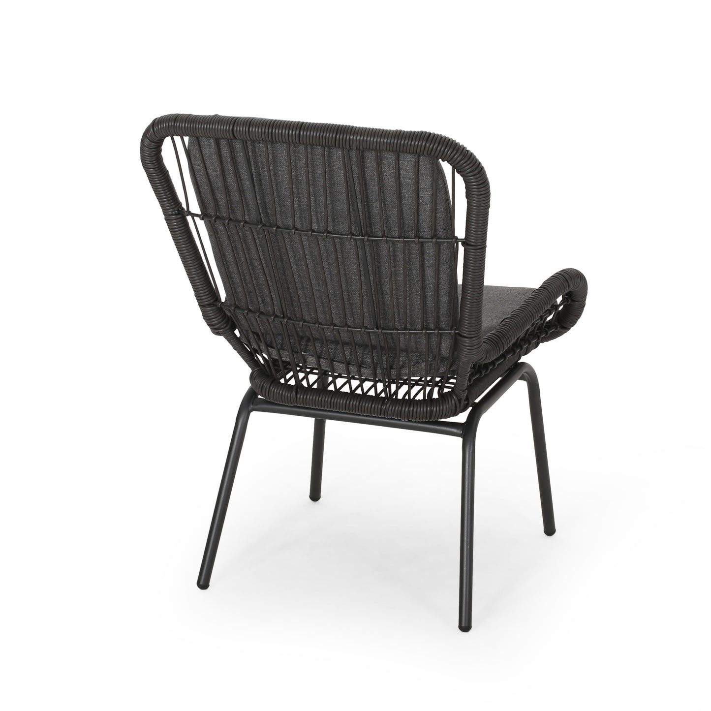 Dark grey woven rattan outdoor armchair with black metal legs and a padded seat