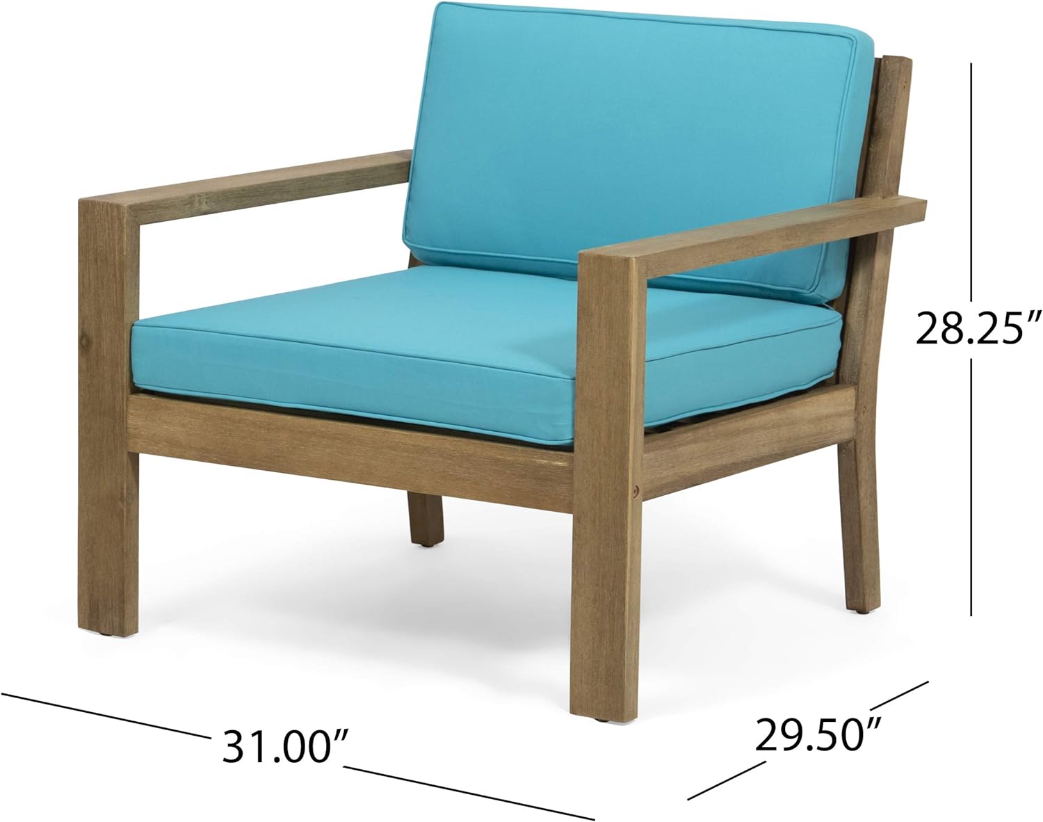 Teak wood armchair with bright turquoise cushions perfect for patio lounging