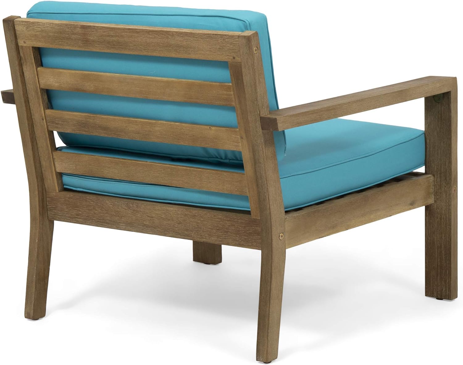 Wooden armchair with slatted back and turquoise cushions outdoor patio furniture