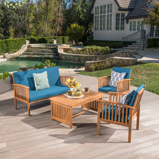 TREATLIFE HOME Outdoor Acacia Wood Sofa Set with Water Resistant Cushions, 4-Piece Chat Set, Brown Patina and Teal Blue