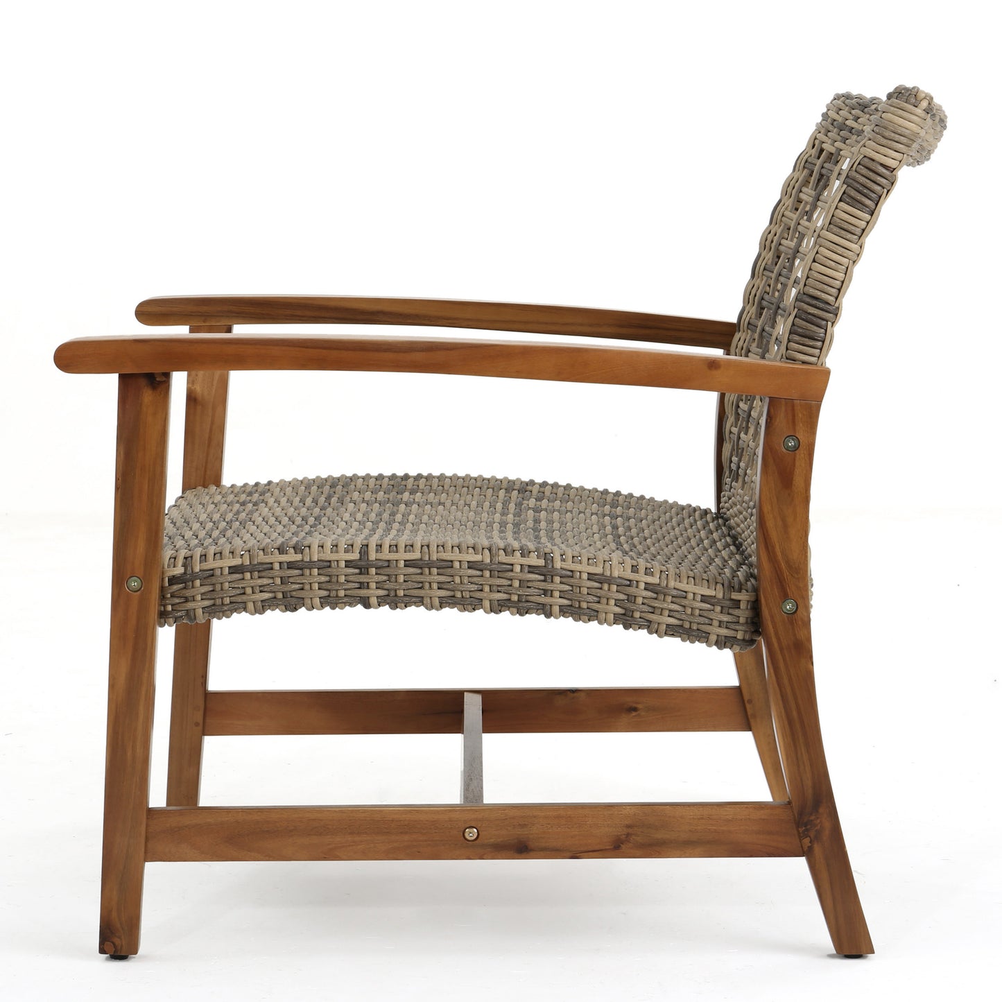 Woven rattan armchair with natural wood frame ideal for patio seating