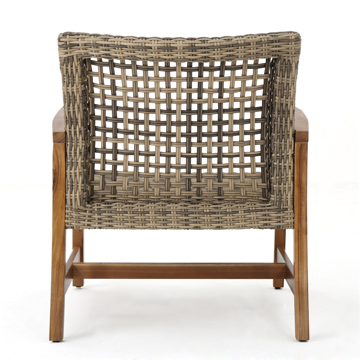 Back view of a woven grey and beige rattan armchair with wooden legs perfect for outdoor seating