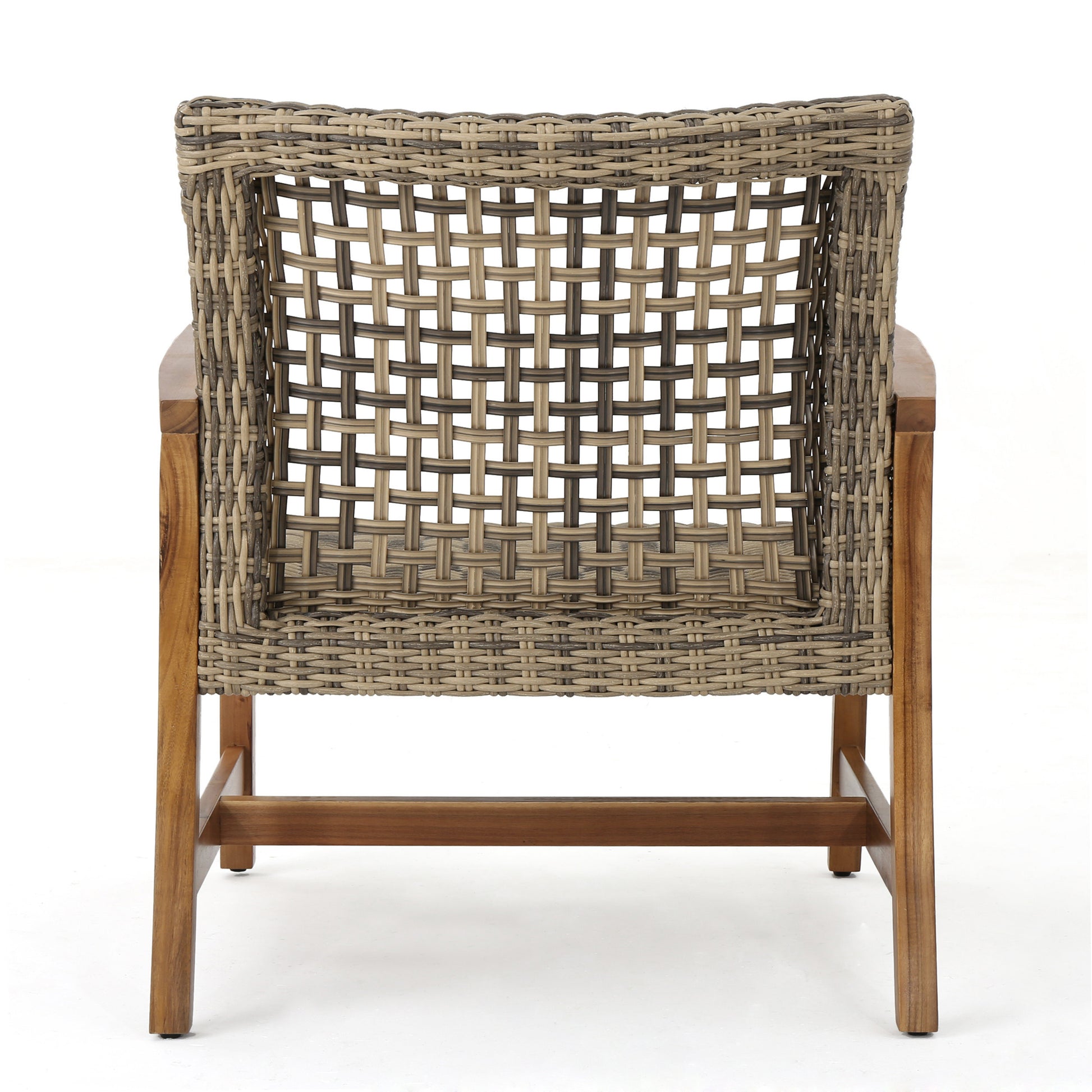 Back view of a woven grey and beige rattan armchair with wooden legs perfect for outdoor seating