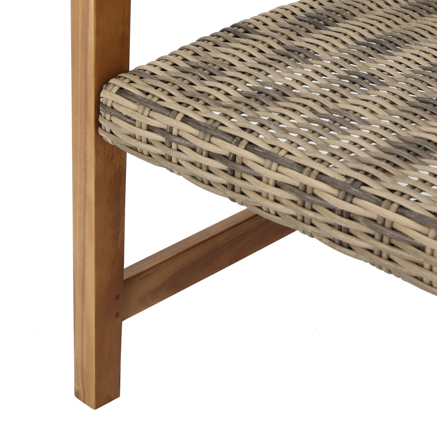 Closeup of a woven wicker bench seat in neutral tones with a wooden frame