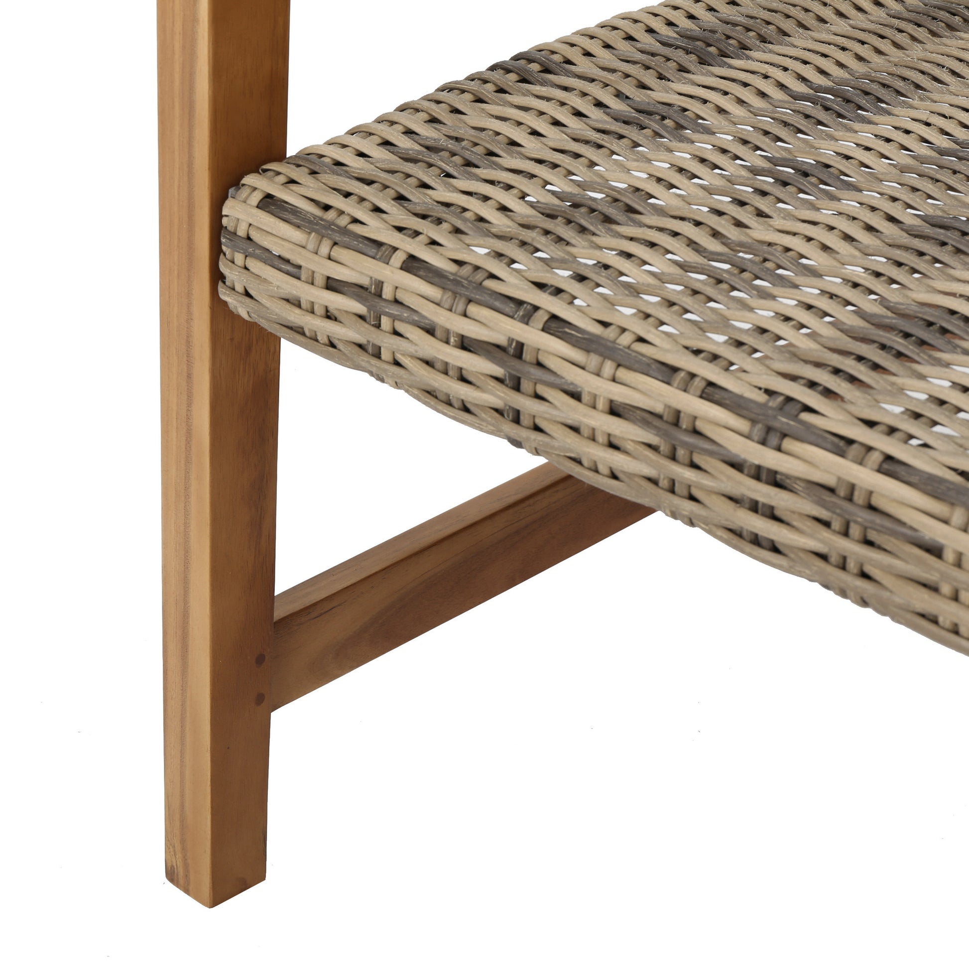 Closeup of a woven wicker bench seat in neutral tones with a wooden frame