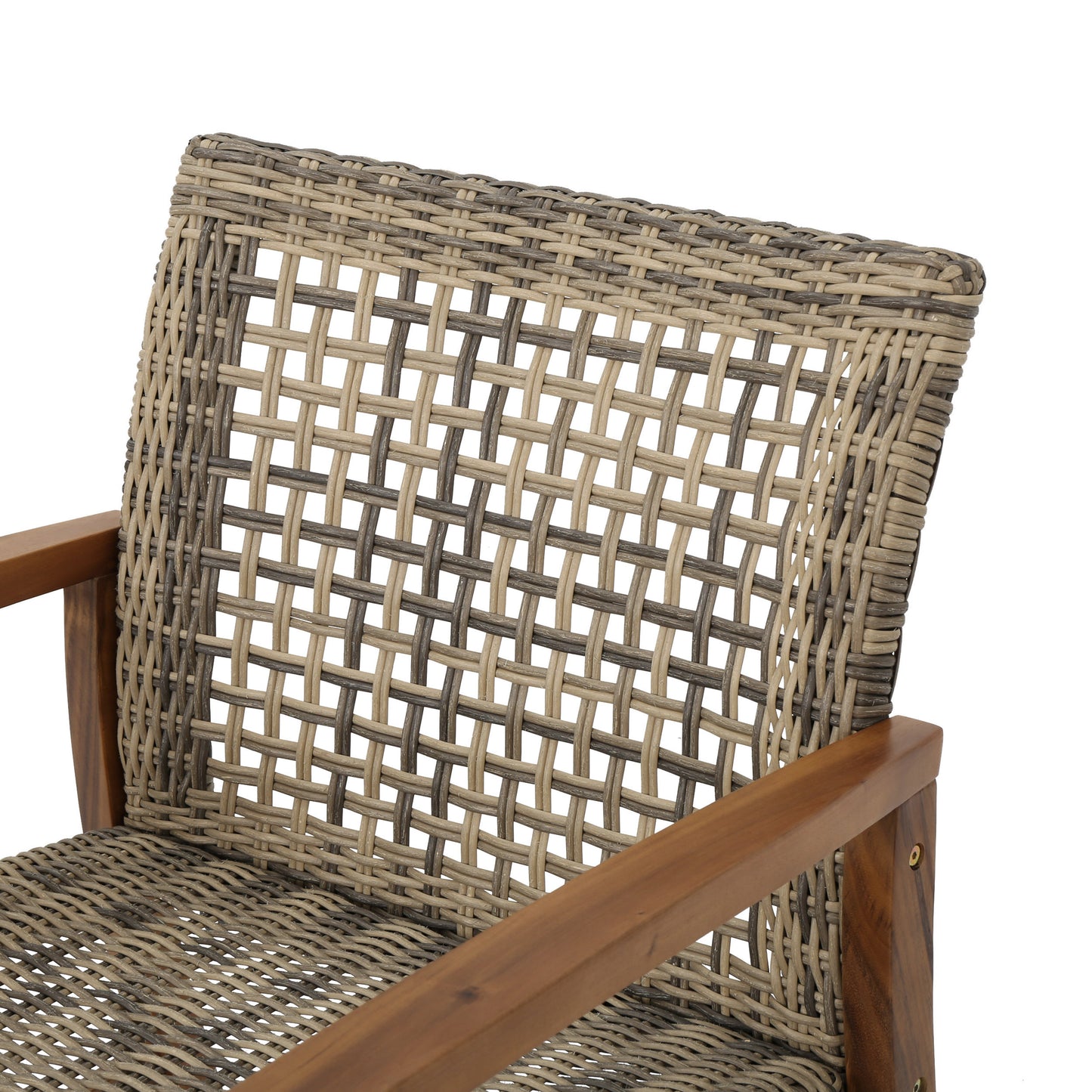 Woven rattan patio chair with wood frame showing intricate weave detail on the back