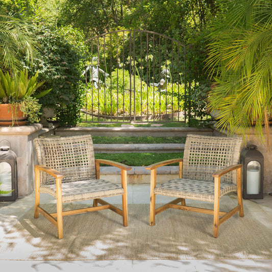 TREATLIFE HOME Outdoor Club Chair Set of 2, Wicker and Acacia Wood, Weather Resistant, Natural and Grey