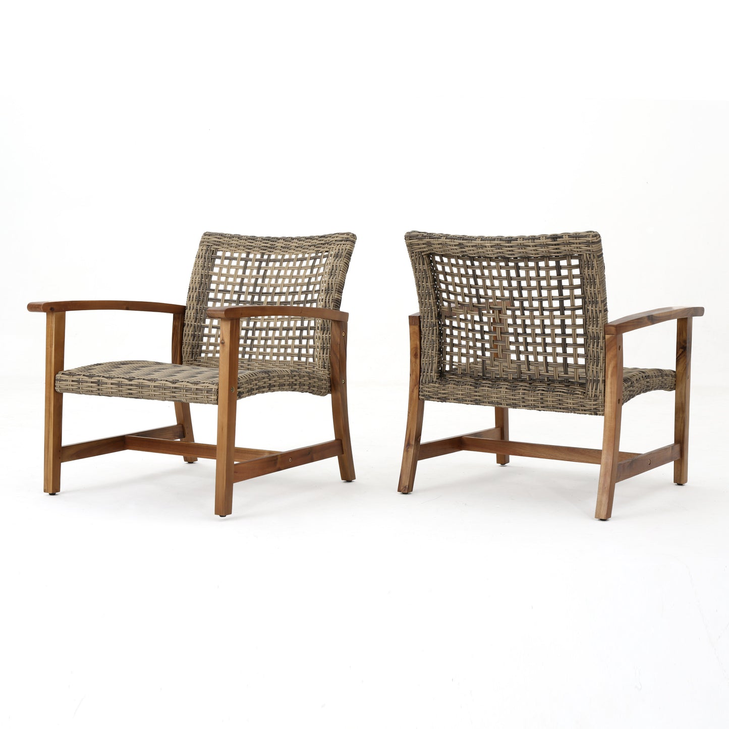 Two woven rattan armchairs with wood frames perfect for outdoor patio seating