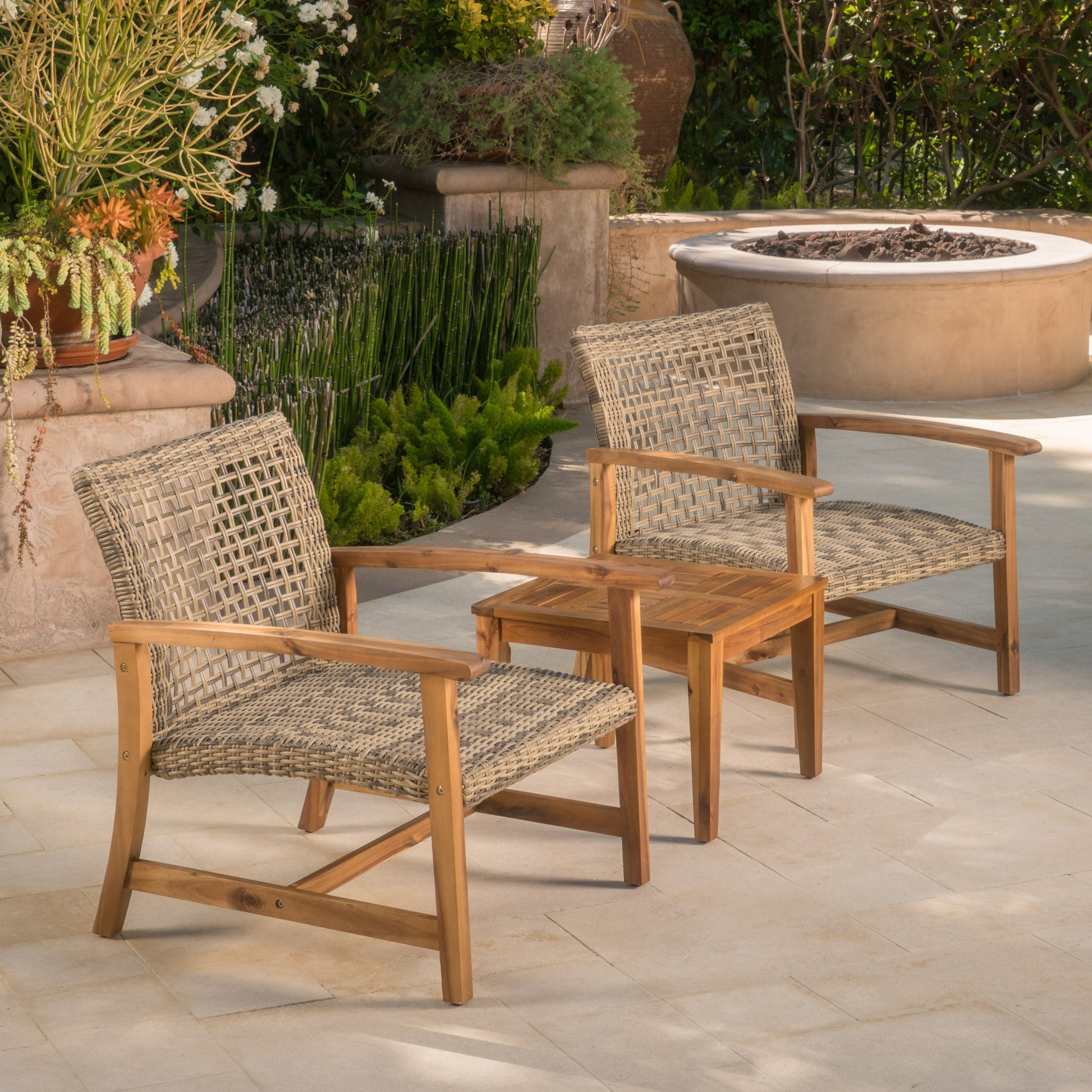 Woven rattan outdoor armchair with wooden frame perfect for patio relaxation