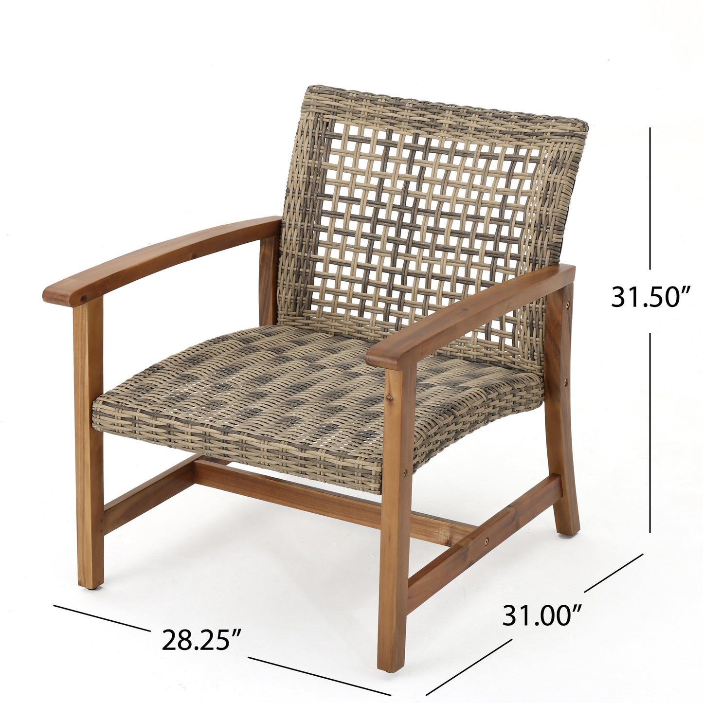Woven wicker armchair with natural wood frame and arms perfect for patios