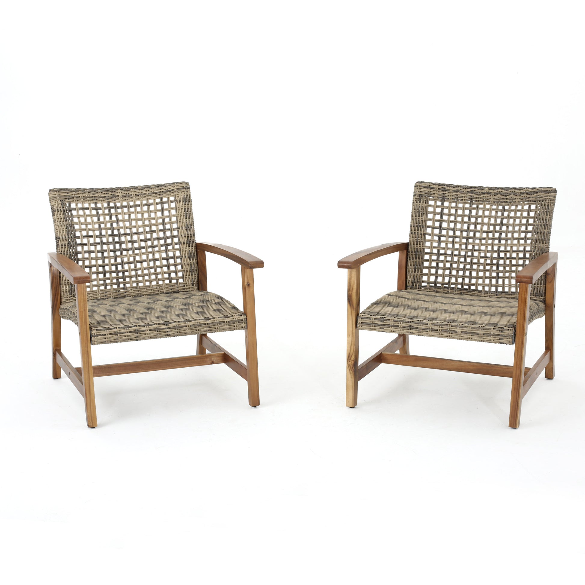 Two grey wicker outdoor chairs with wooden arms and legs on a white background