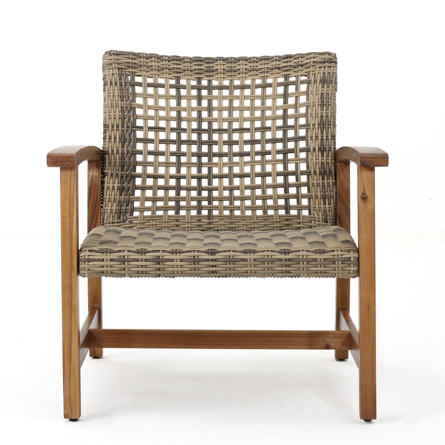 Tan and grey woven rattan chair with wooden armrests and legs
