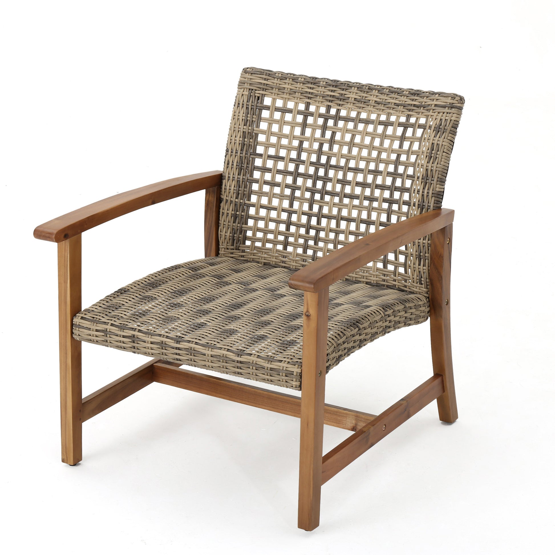 Woven rattan armchair with a natural wood frame perfect for outdoor seating