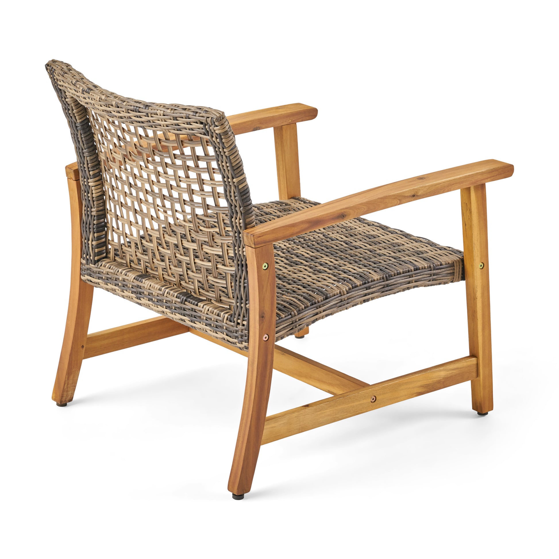 Brown and grey wicker armchair with wooden frame suitable for patio use