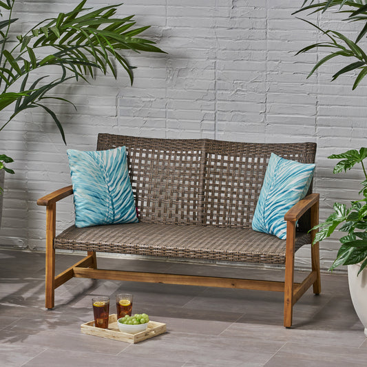 TREATLIFE HOME Outdoor Wicker Loveseat with Acacia Wood Frame, Handwoven Seat for Patio and Backyard, Natural Finish