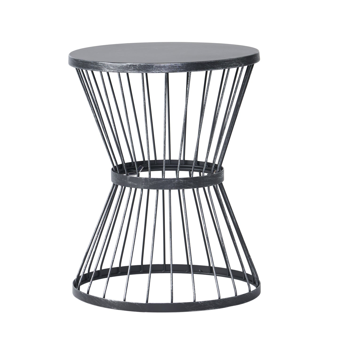 Modern black metal hourglass side table with a cagelike design
