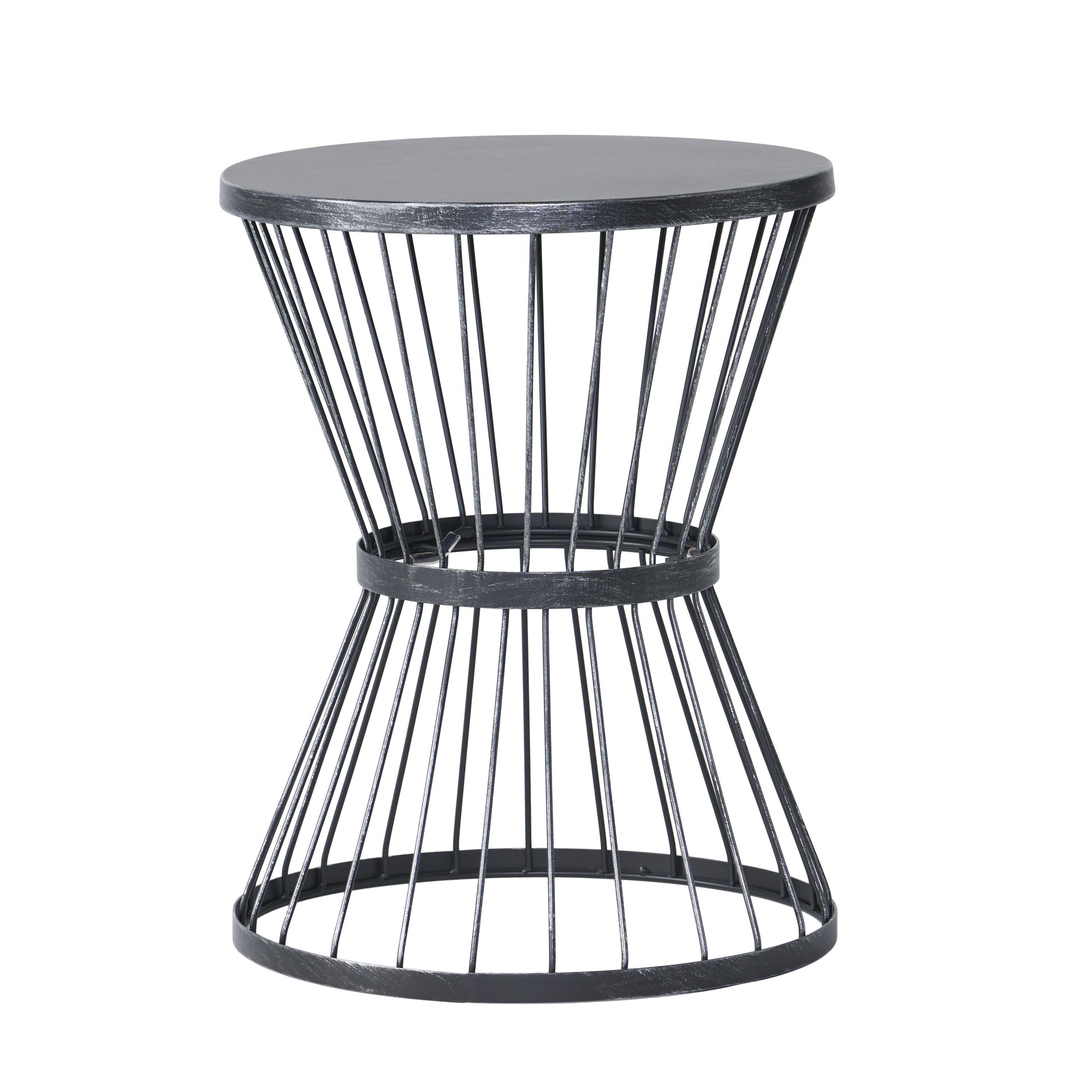 Modern black metal hourglass side table with a cagelike design