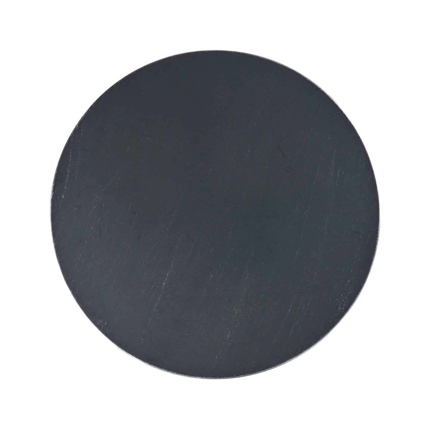 Dark grey circular metal plate with subtle surface scratches