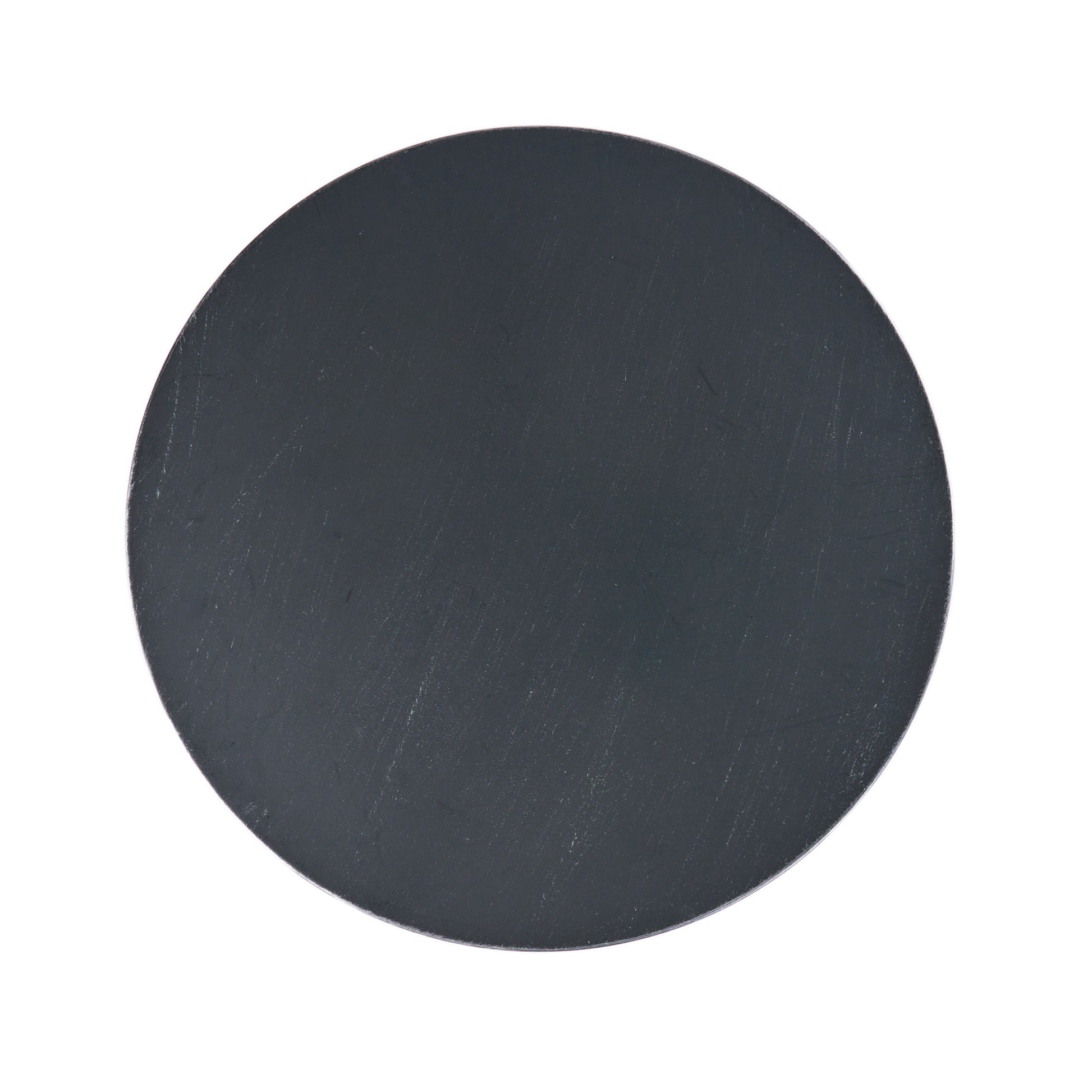 Dark grey circular metal plate with subtle surface scratches
