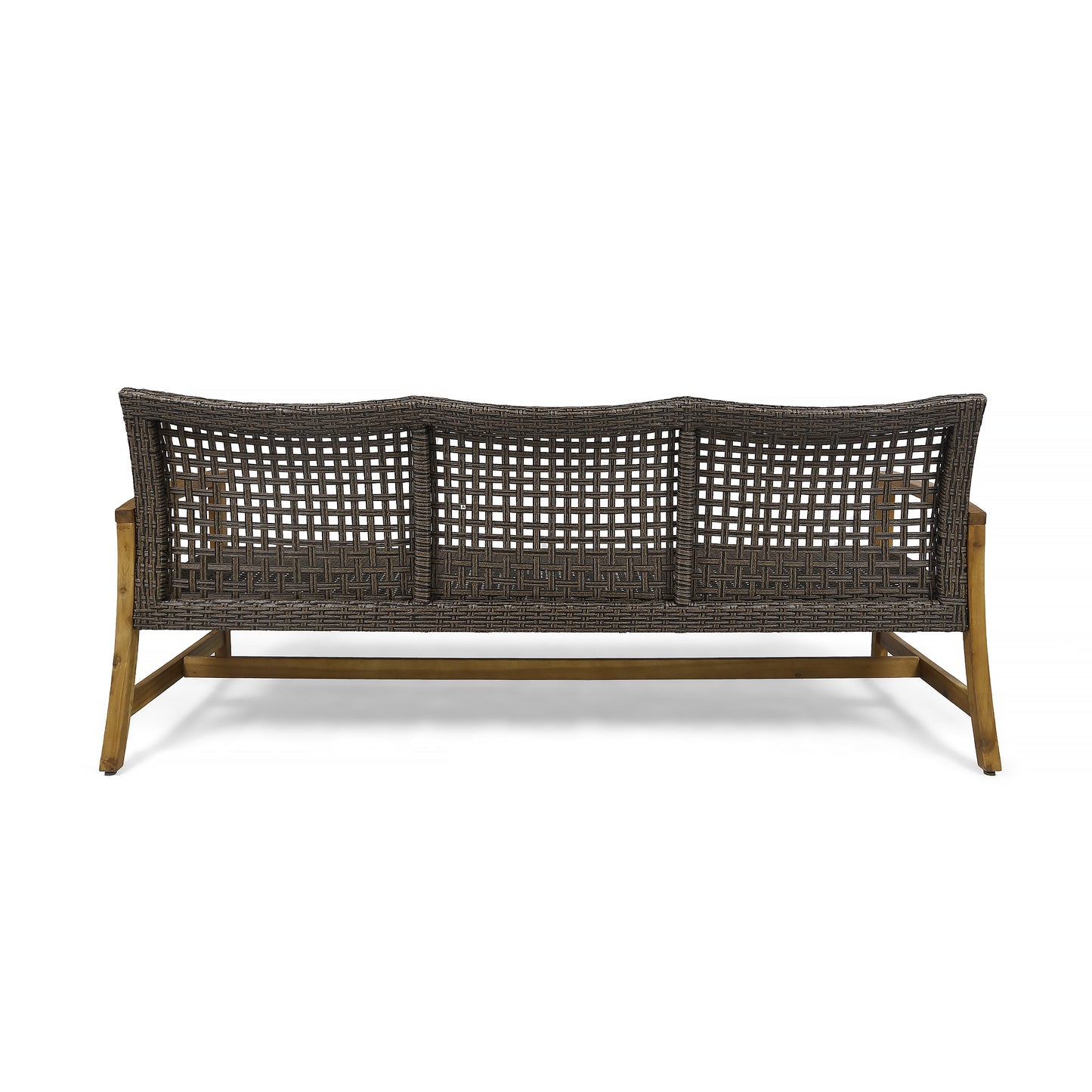 Dark grey woven patio sofa with a slatted wood frame