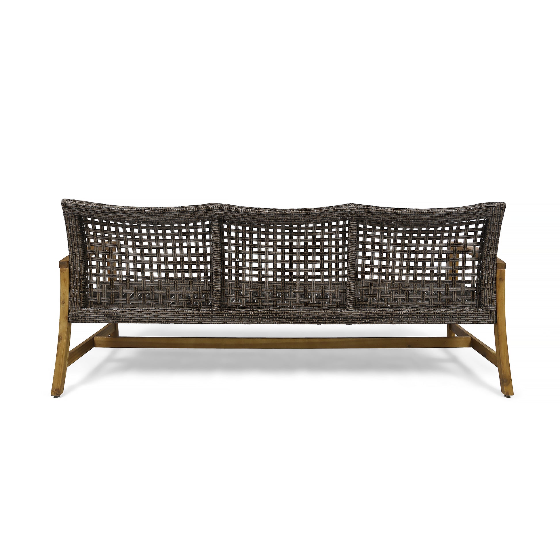 Dark grey woven patio sofa with a slatted wood frame