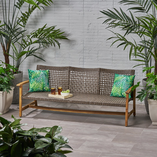 TREATLIFE HOME Outdoor Sofa with Handwoven Wicker Seat, Acacia Wood Frame, Comfortable Seating for Three, Natural Finish