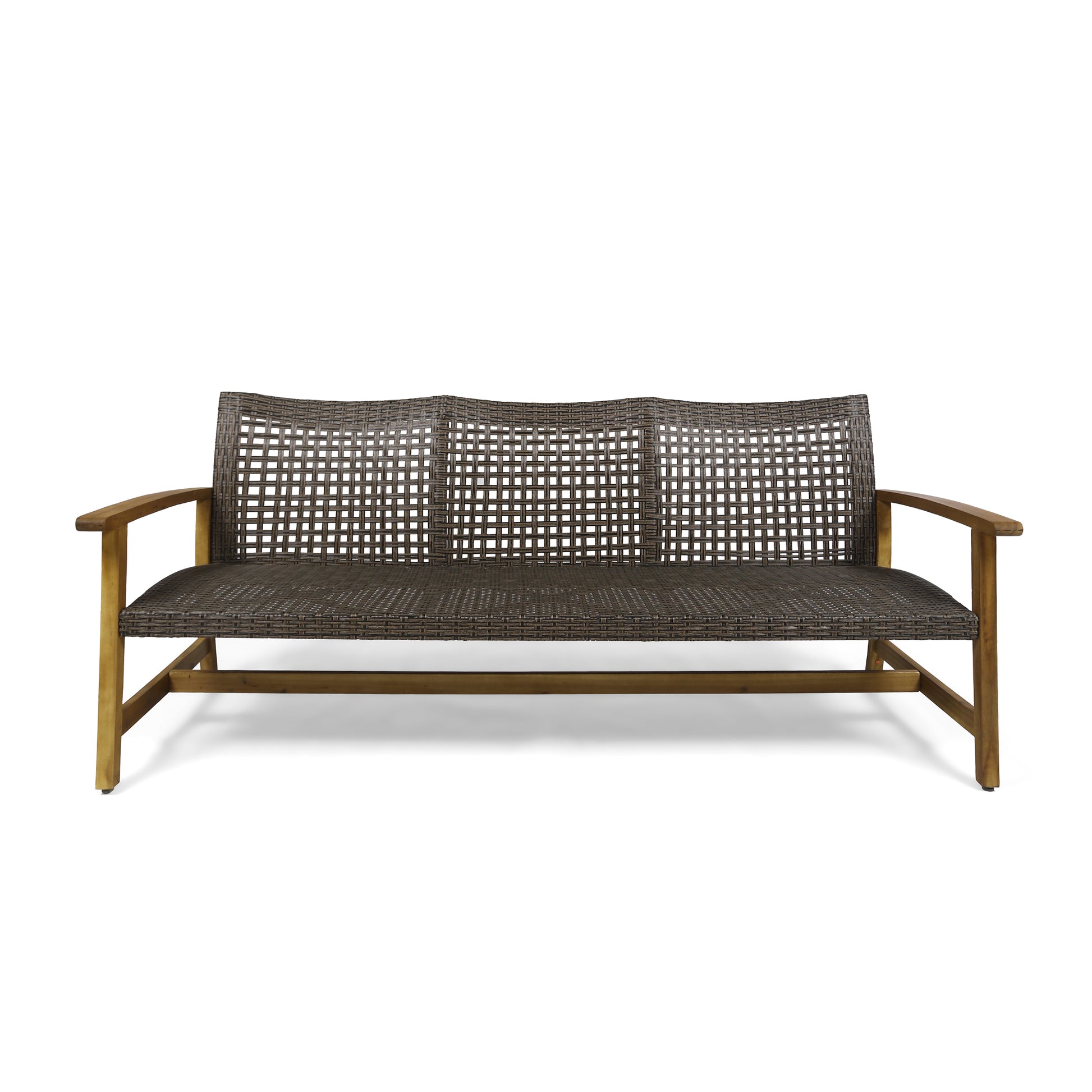 Brown wicker outdoor sofa with wooden frame and arms