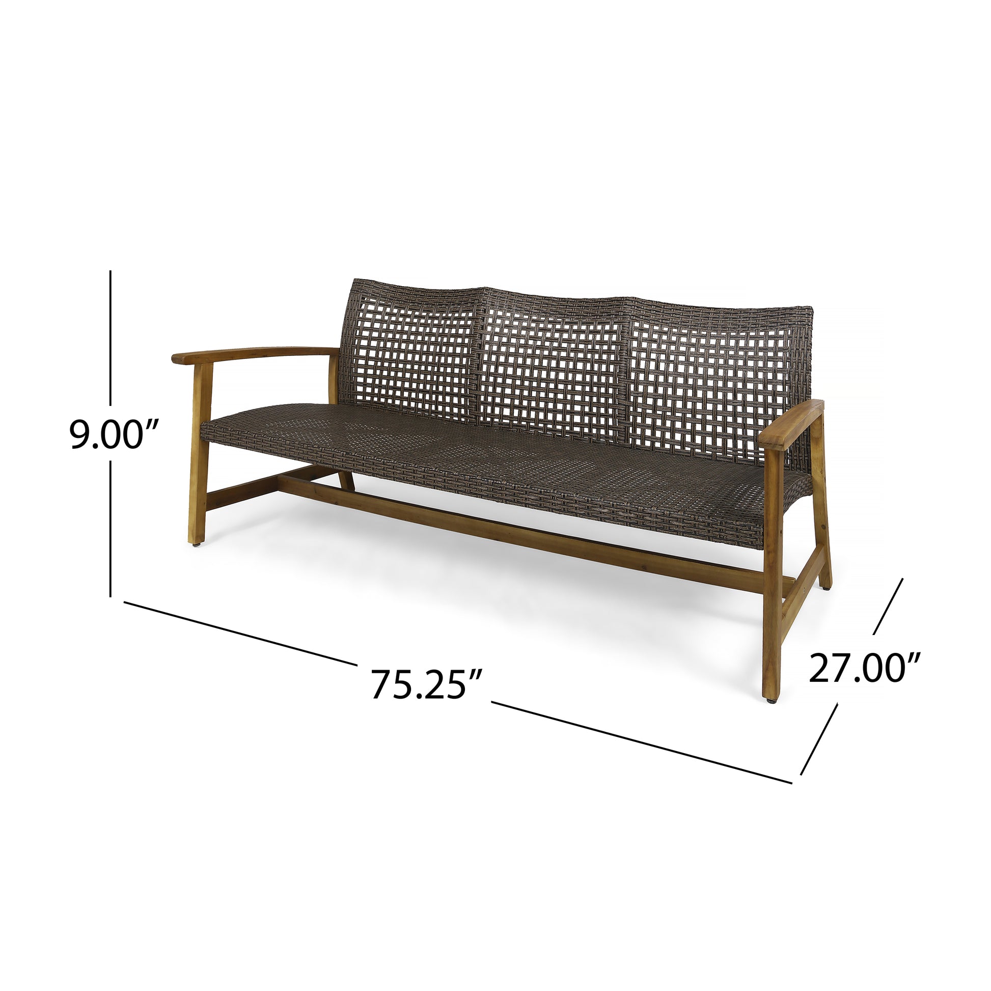 Dark brown wicker outdoor sofa with natural wood frame  inches wide