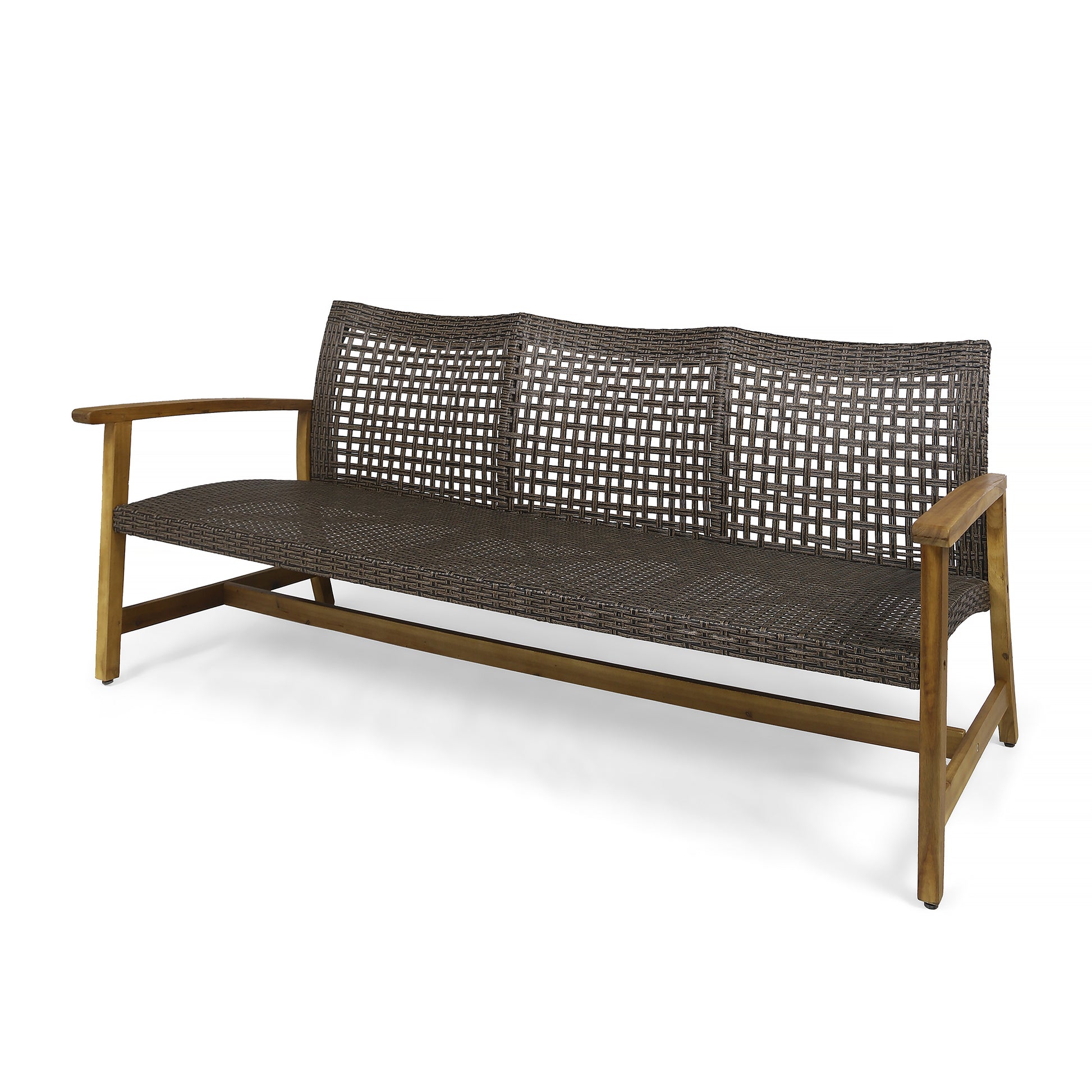 Brown wicker outdoor sofa with wooden frame and arms on white background