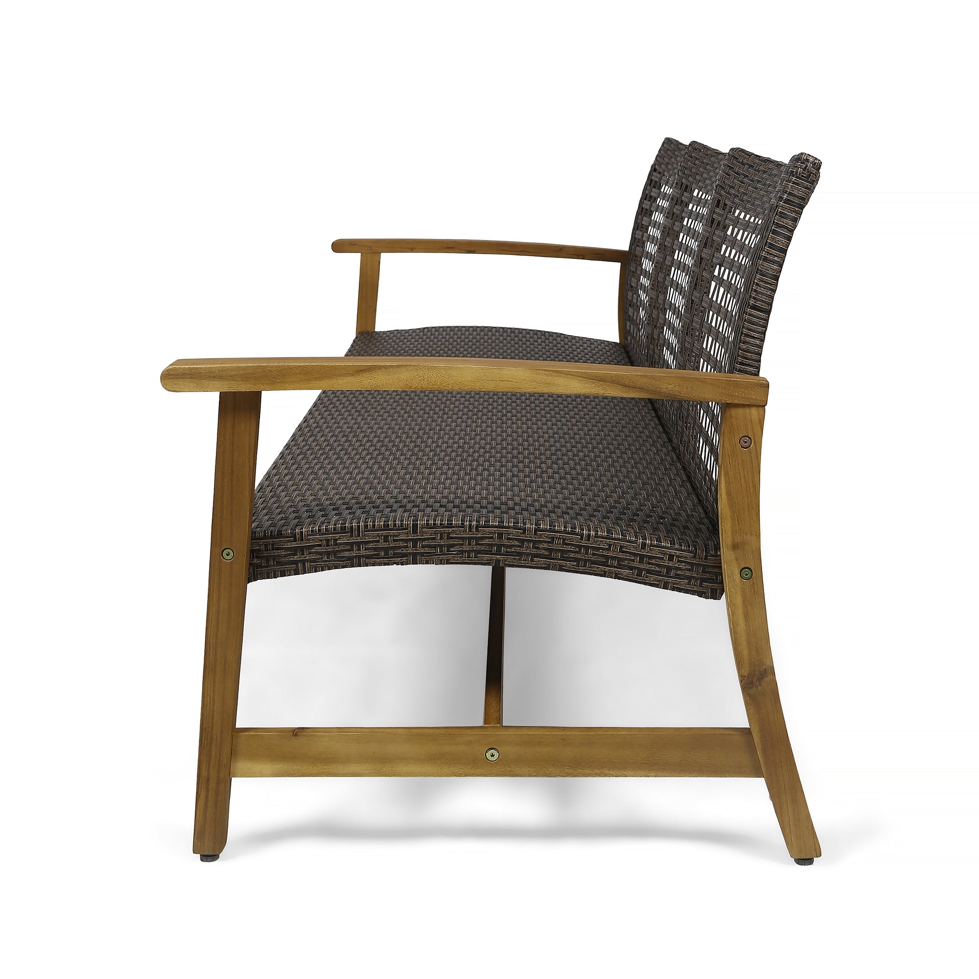 Side view of a woven brown rattan loveseat with wooden frame and arms