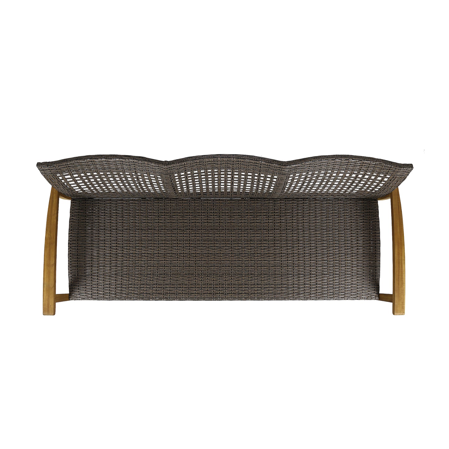 Top view of a dark brown wicker outdoor sofa with curved back and wooden legs