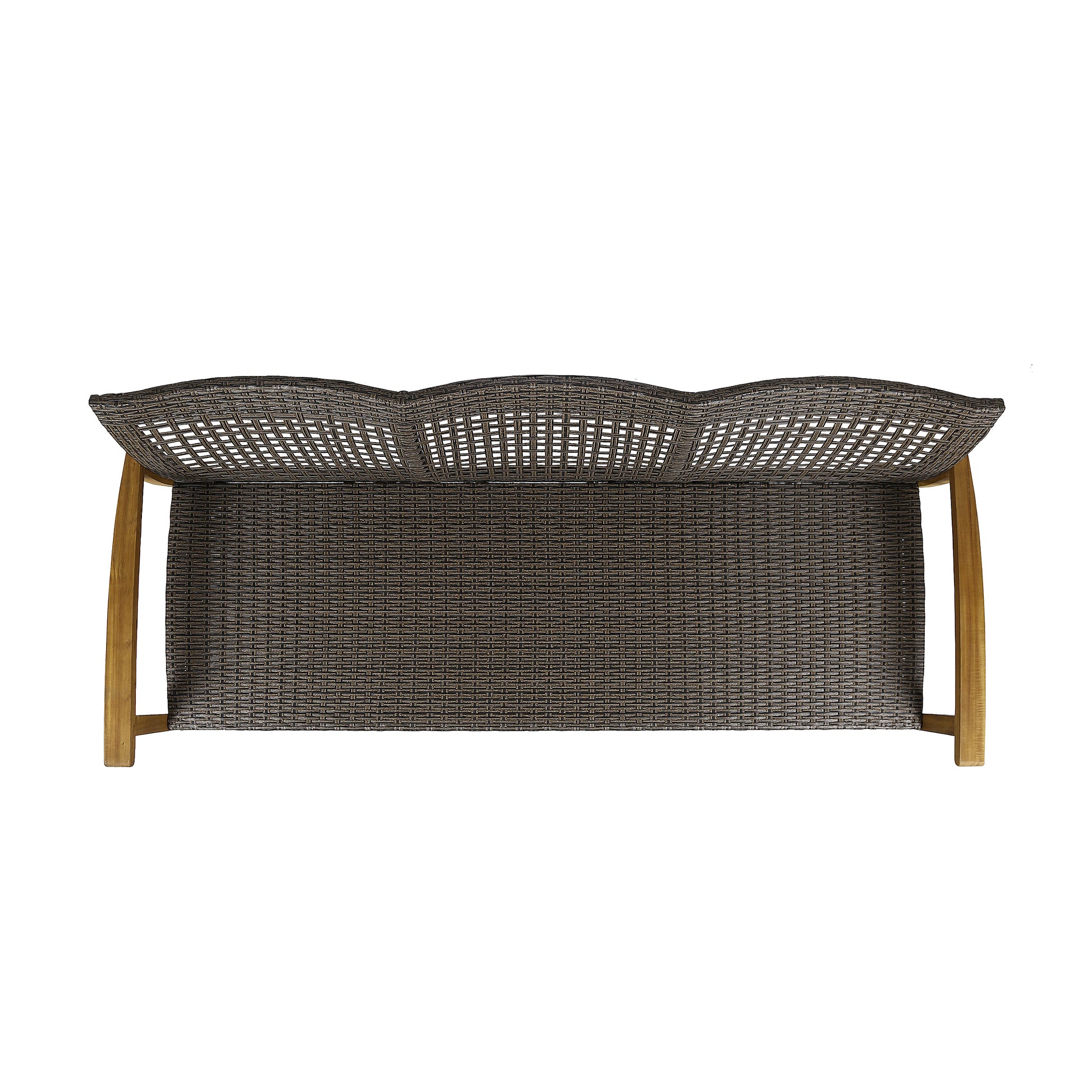 Top view of a dark brown wicker outdoor sofa with curved back and wooden legs